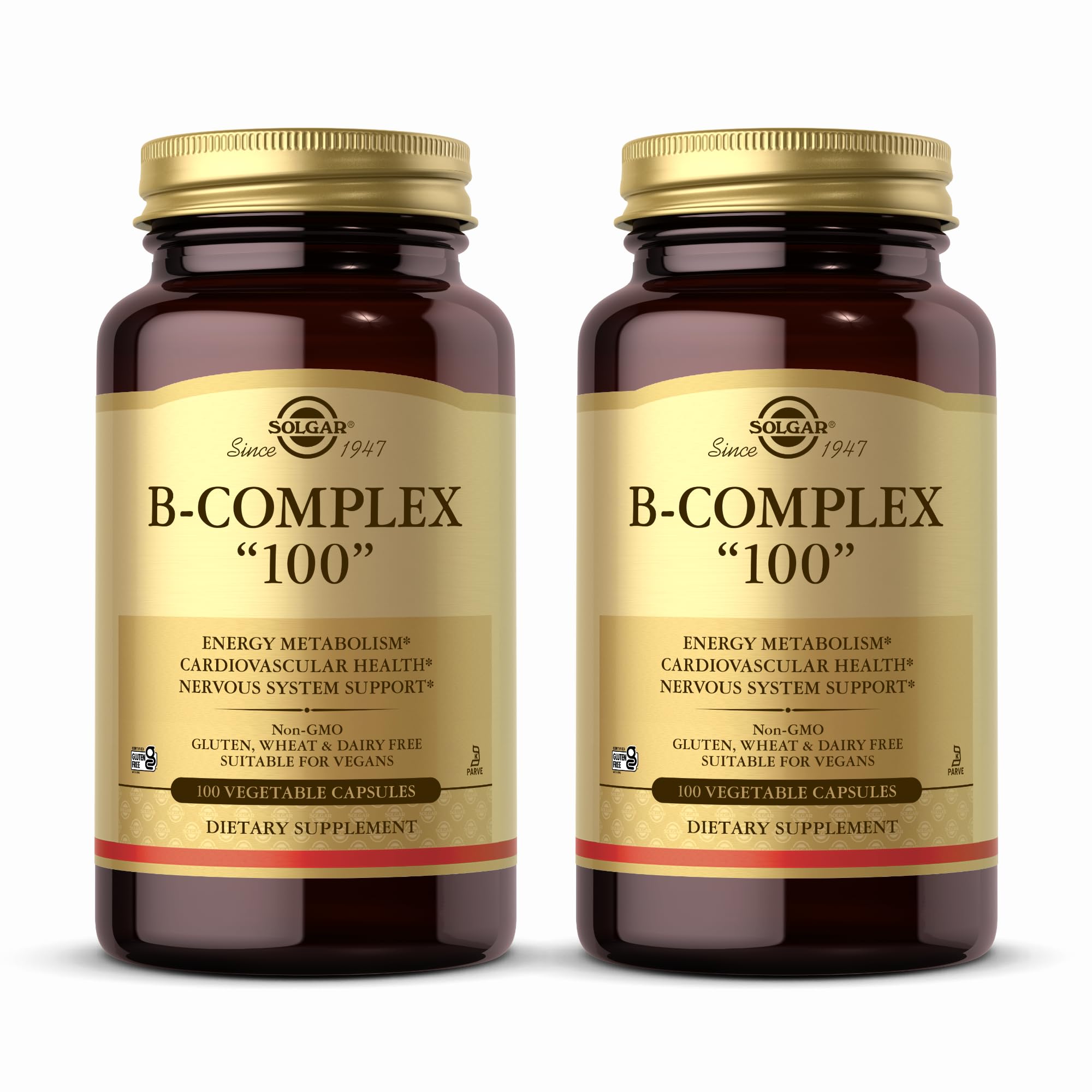 Solgar B-Complex 100 cápsulas vegetales en botella doble para energía y metabolismo.
