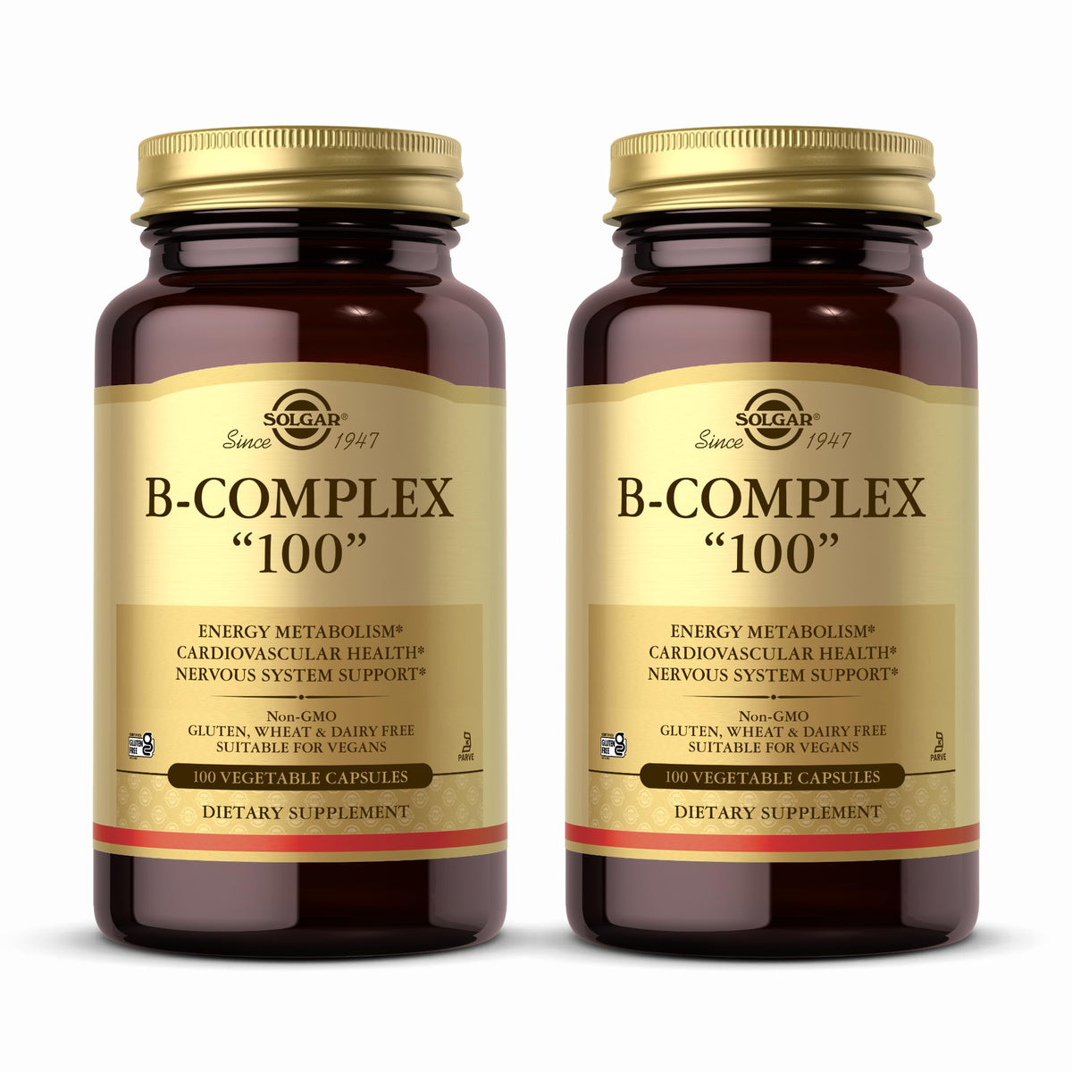Solgar B-Complex 100 cápsulas vegetales en botella doble para energía y metabolismo.