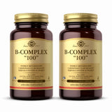 Solgar B-Complex 100 cápsulas vegetales en botella doble para energía y metabolismo.
