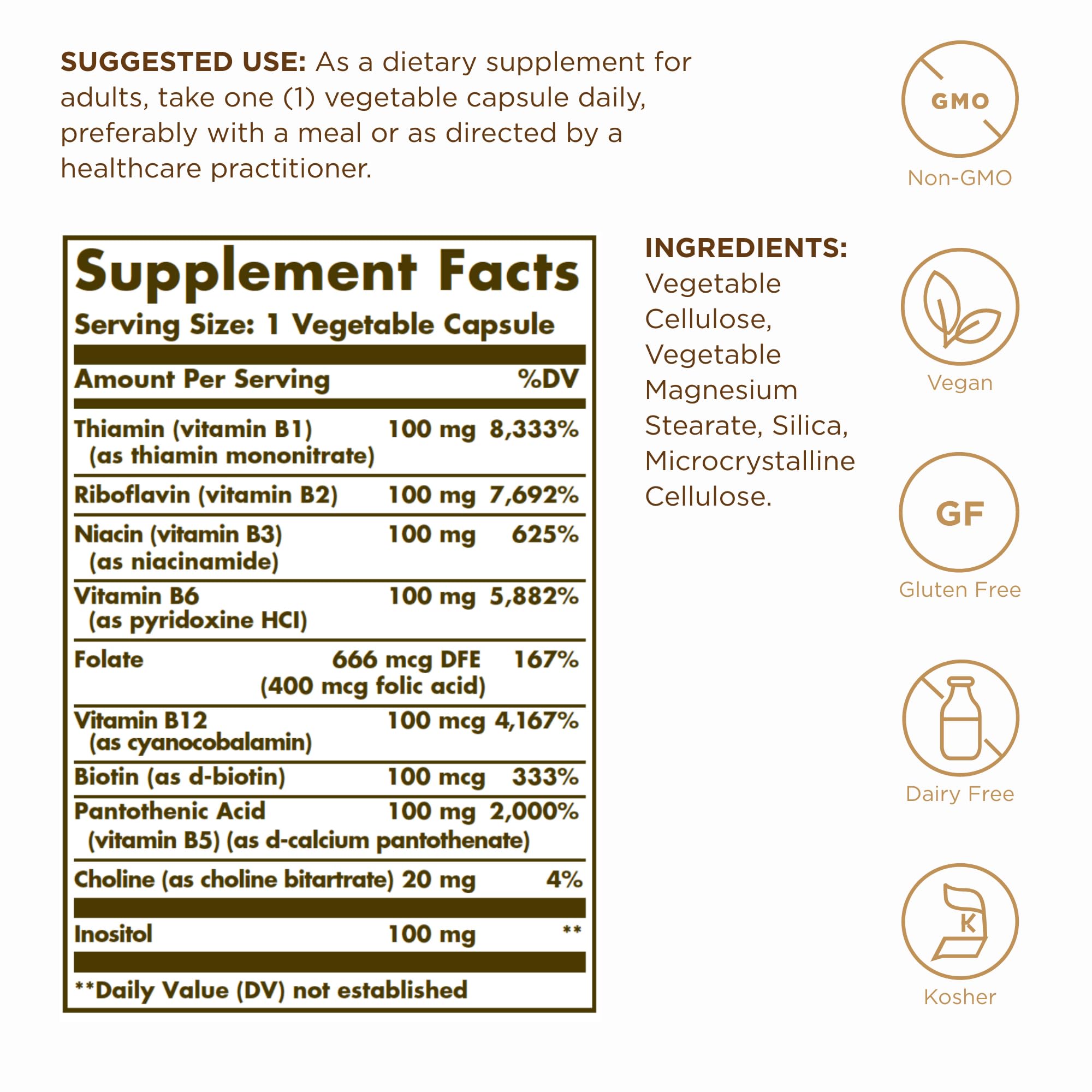 Solgar B-Complex 100, cápsulas vegetales para nutrición vegana fiable