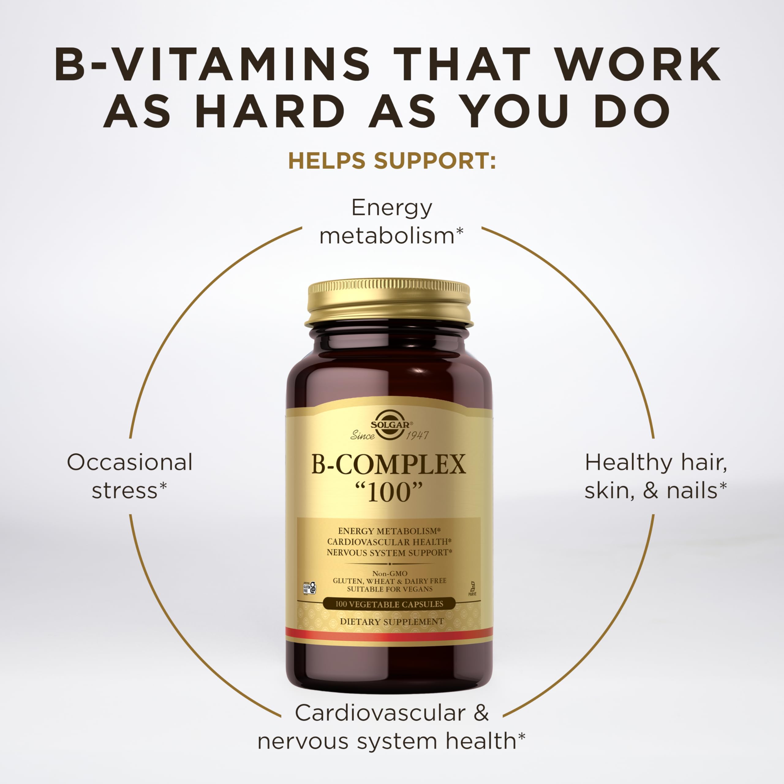 Solgar B-Complex 100: embalaje sostenible para consumo consciente y práctico.
