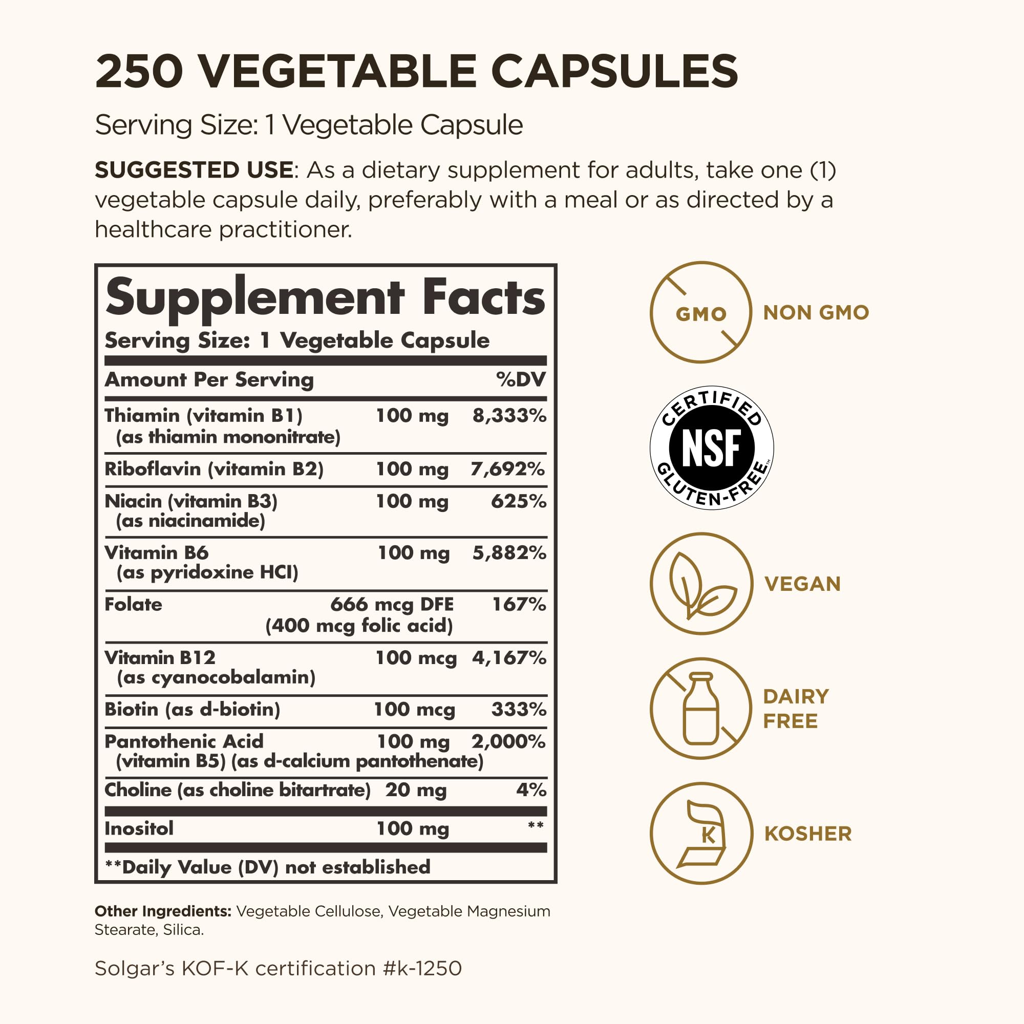 Solgar B-Complex 100, etiqueta frontal: fórmula vegetariana y libre de OGM.