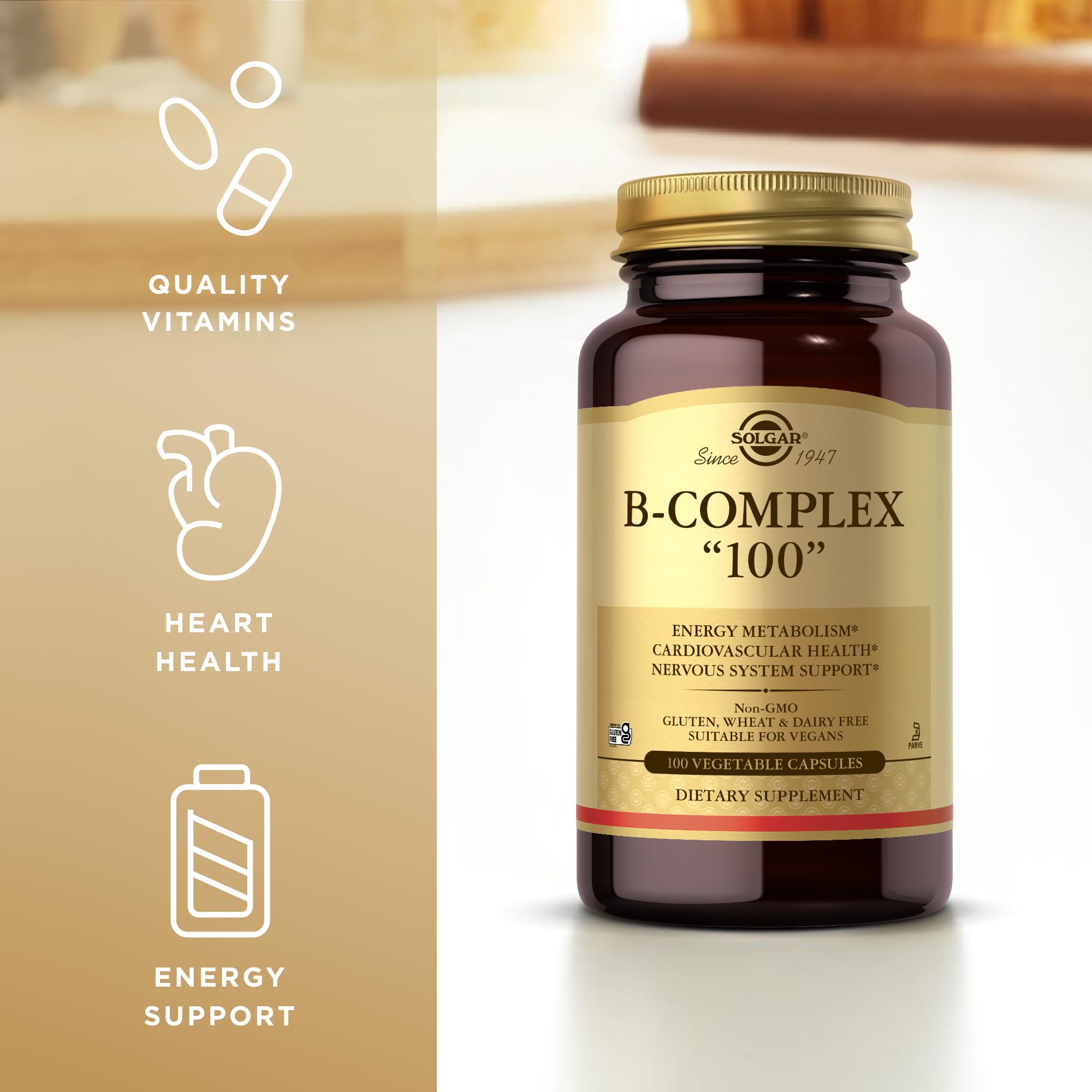 Solgar B-Complex 100, opción vegana y no GMO para bienestar diario.
