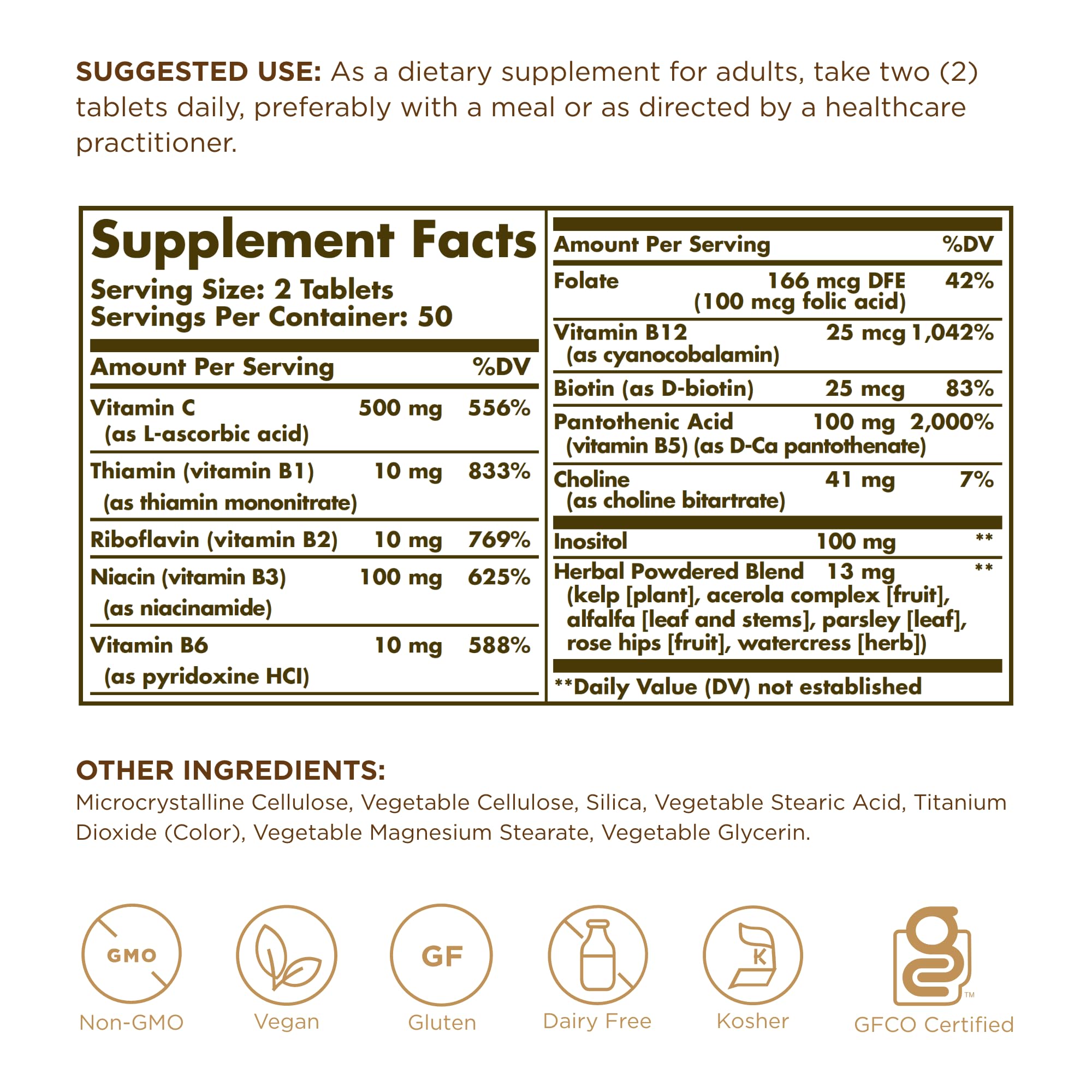 Solgar B-Complejo con Vitamina C, etiqueta y empaque visibles, sin OGM.