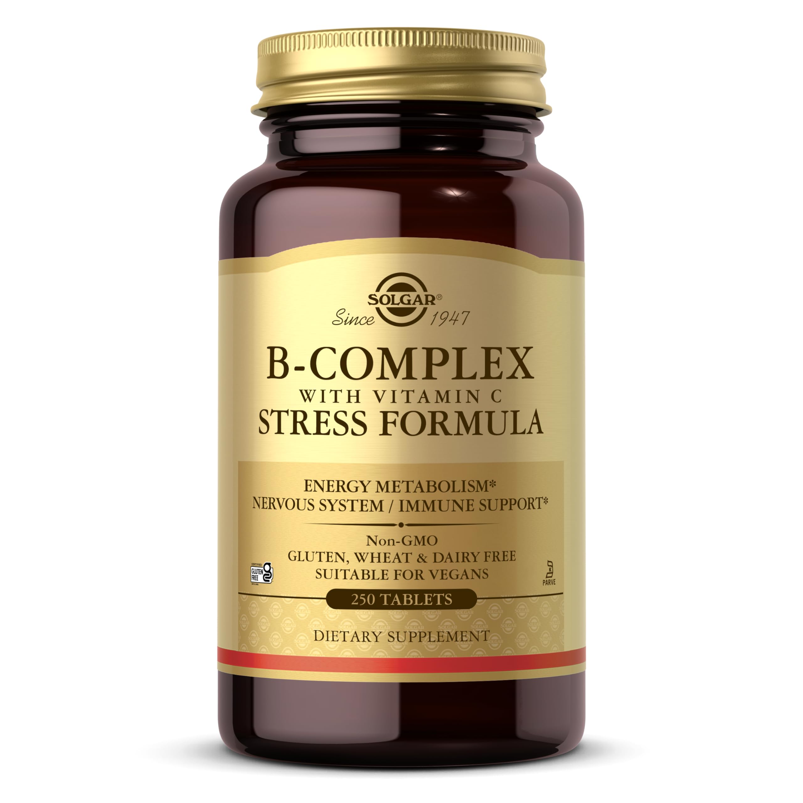 Solgar B-Complex con Vitamina C, botella con cápsulas para energía diaria.