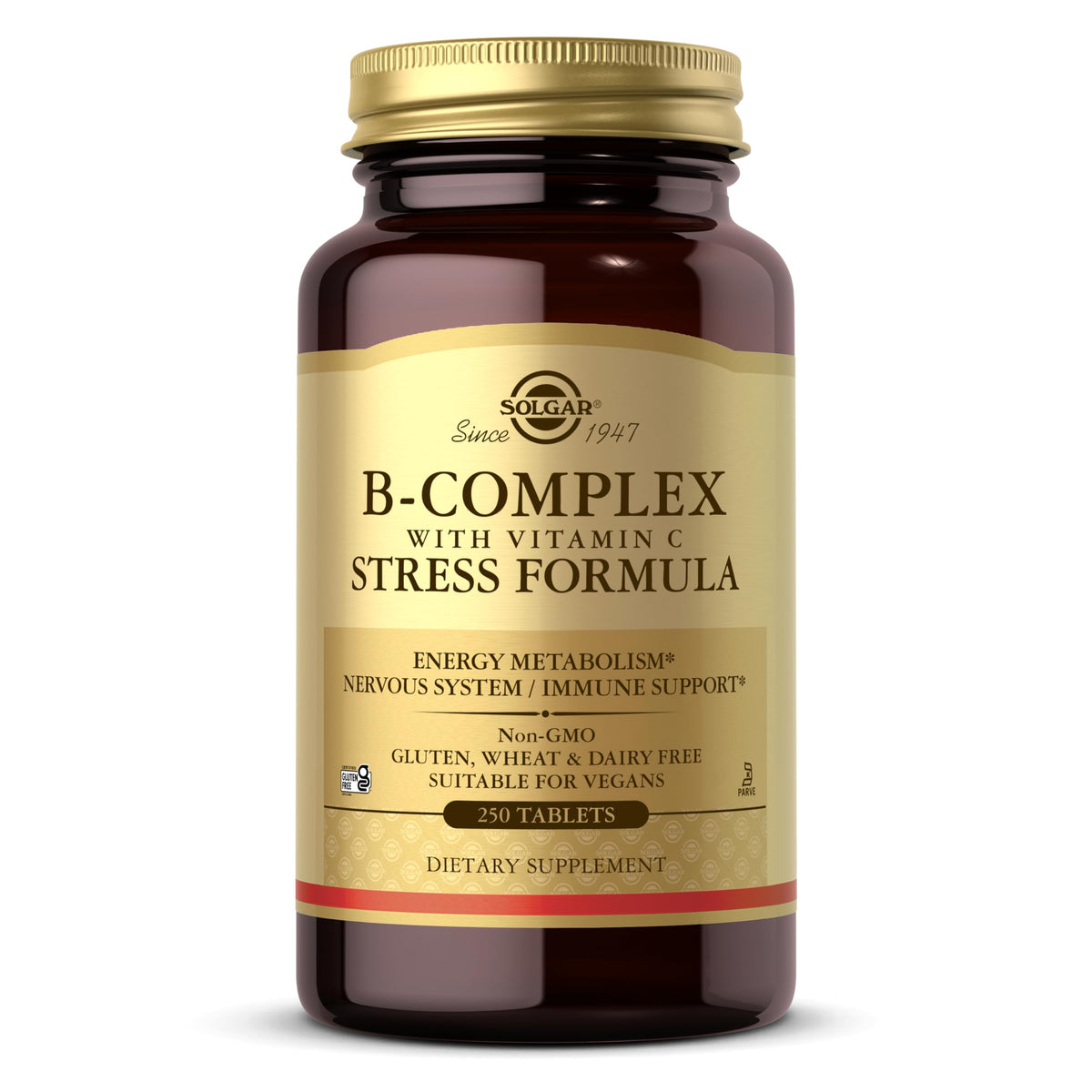Solgar B-Complex con Vitamina C, botella con cápsulas para energía diaria.