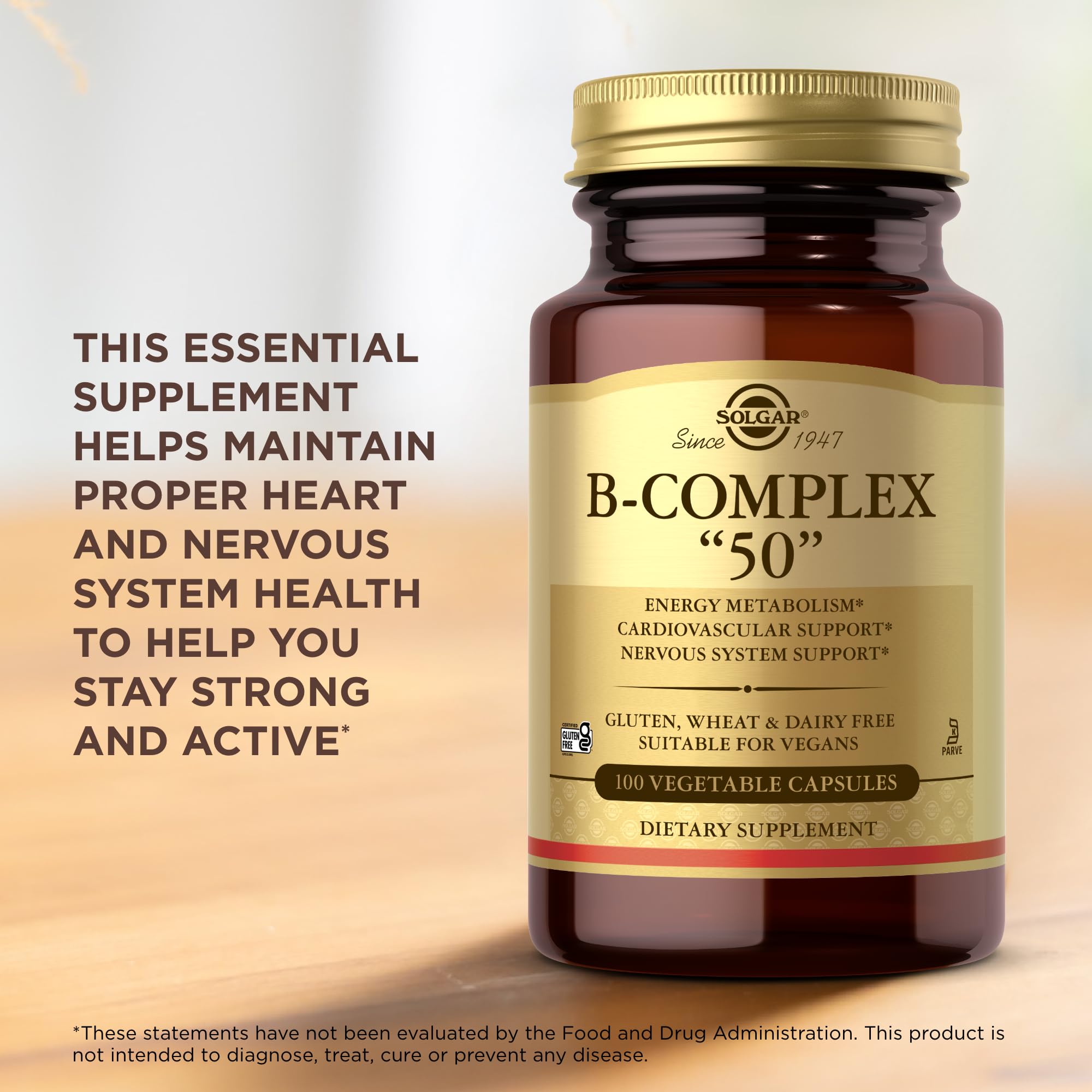 Solgar B-Complex50, icono vegano, compatible con dietas basadas en plantas