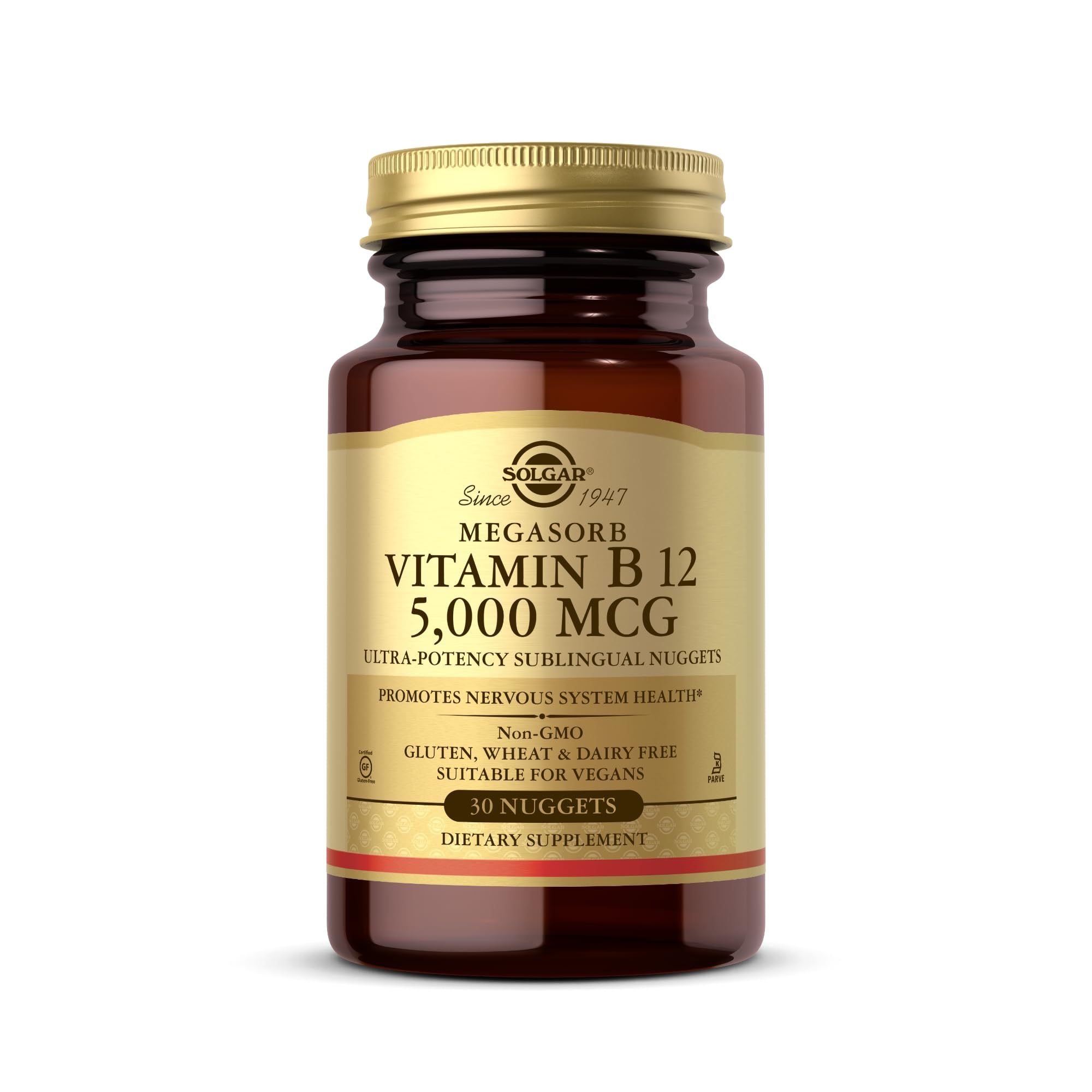 Solgar B12 Bocados Sublinguales muestran dosis de 5000 mcg para energía sostenida.