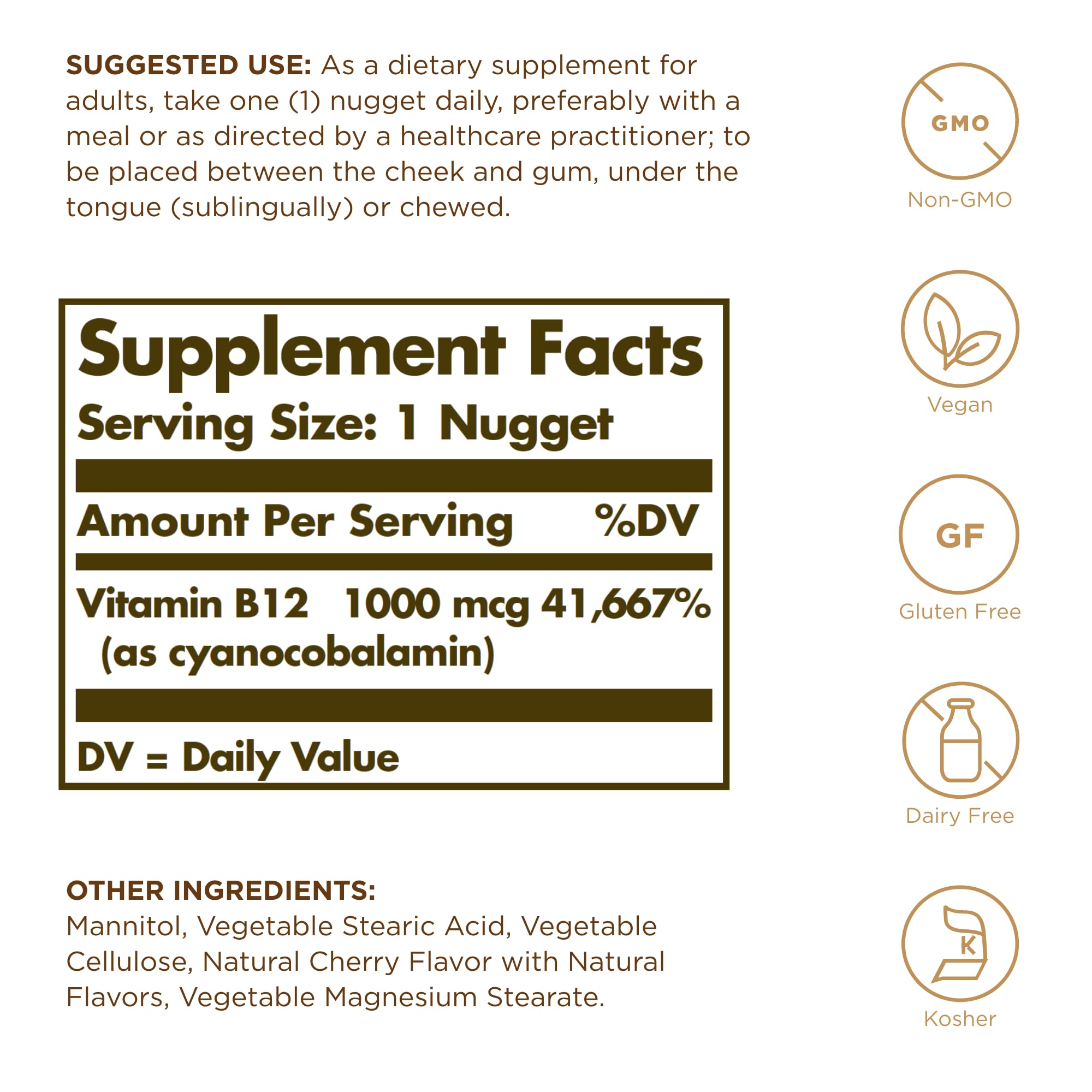 Solgar B12 sublingual 1000 mcg, etiqueta visible, información clara para elegir.