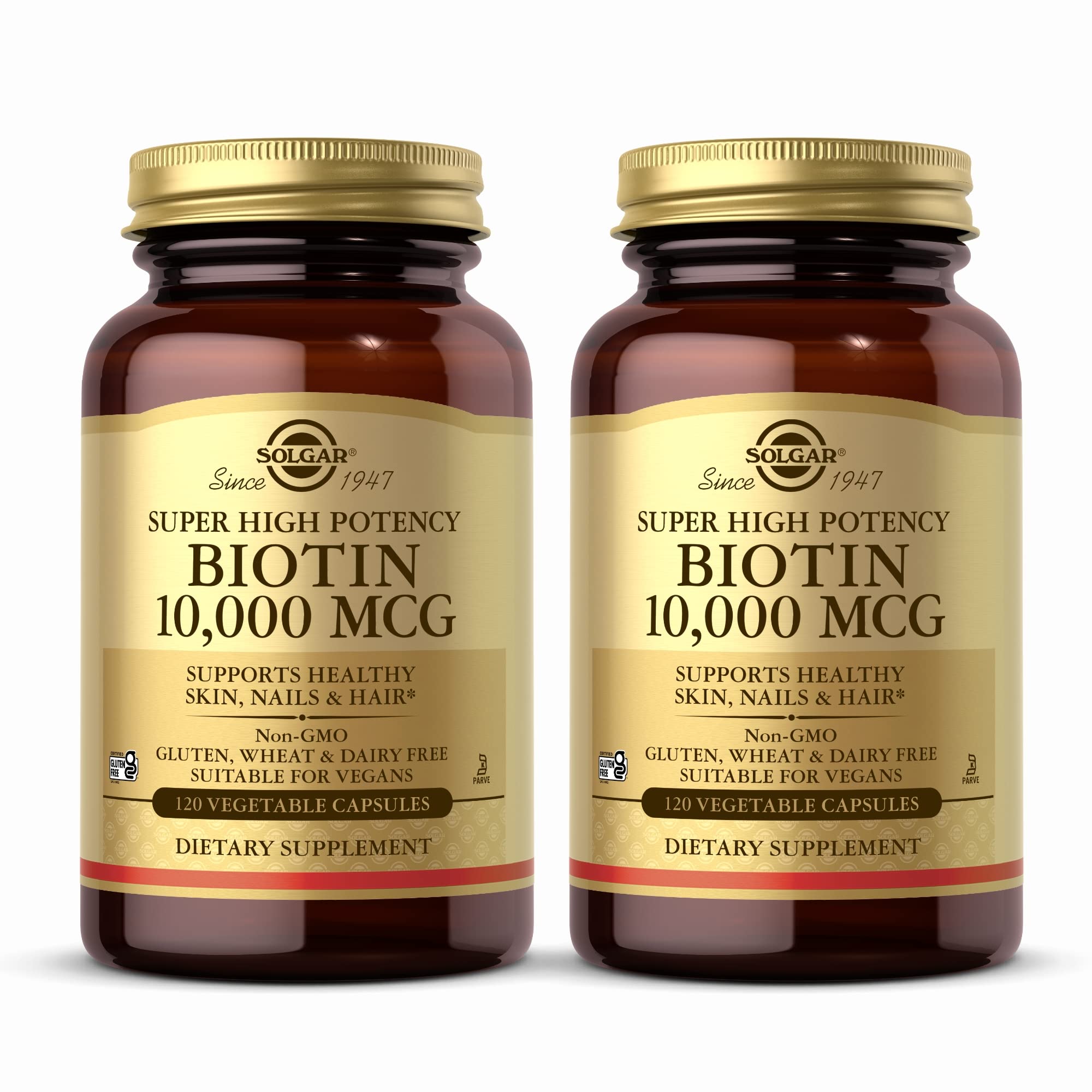 Solgar Biotina 10,000 mcg: bote de cápsulas vegetales, apoyo para cabello y uñas saludables