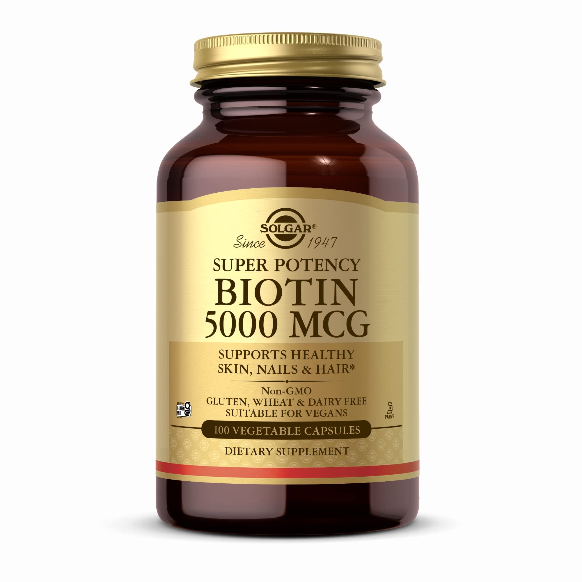 Solgar Biotina 5000 mcg, cápsulas vegetales en frasco para piel y cabello.