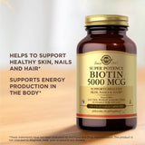 Solgar Biotina 5000 mcg: etiqueta detallada, opción vegana para piel saludable.