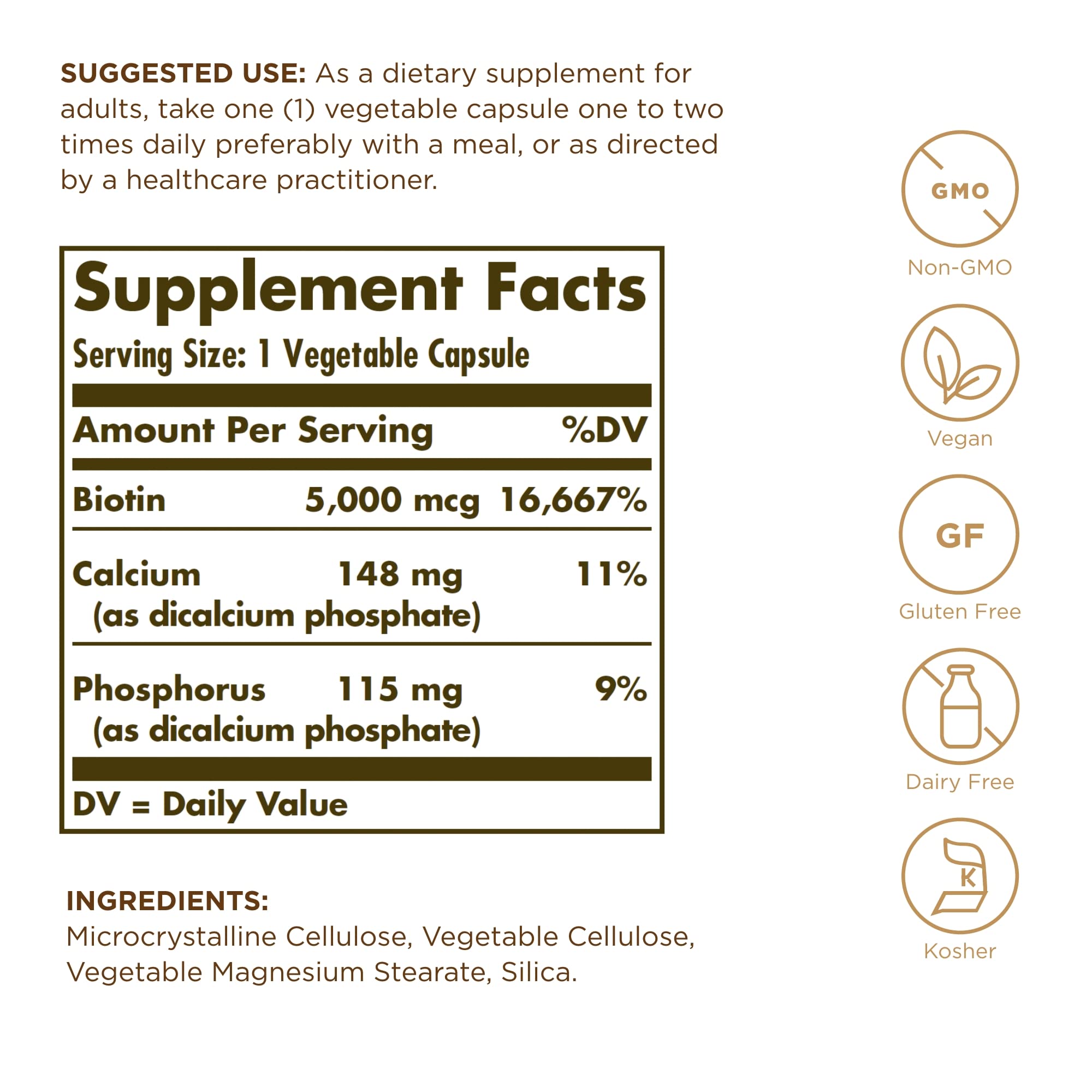 Solgar Biotina 5000 mcg, etiqueta clara, sin gluten ni lácteos.