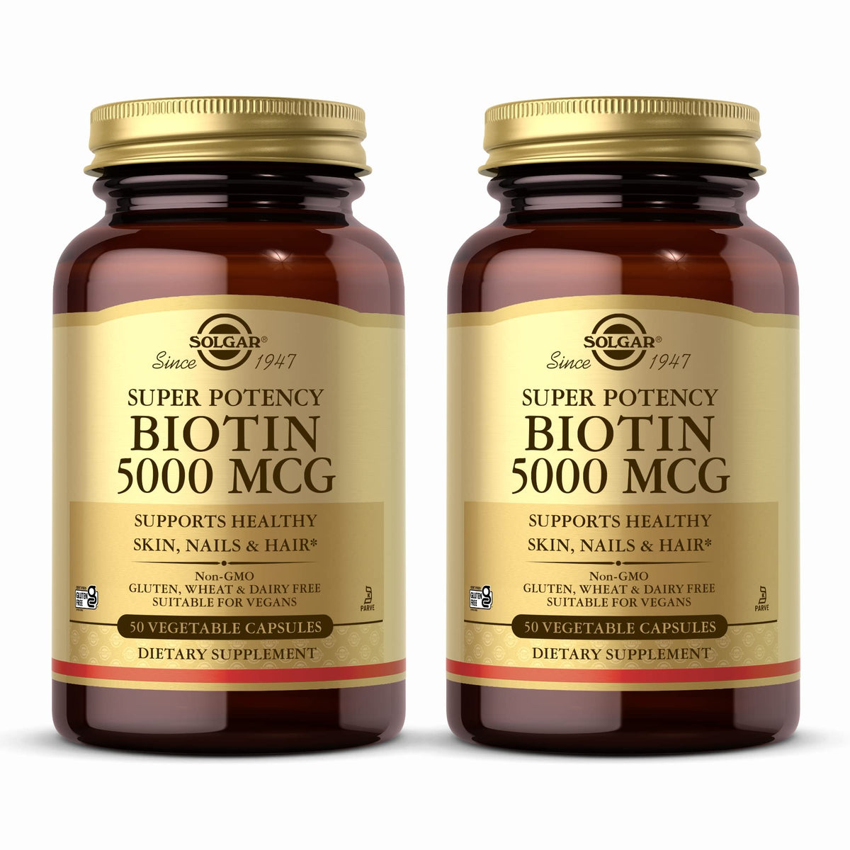 Solgar Biotina 5000 mcg: frasco de cápsulas vegetales para piel sana y uñas fuertes.