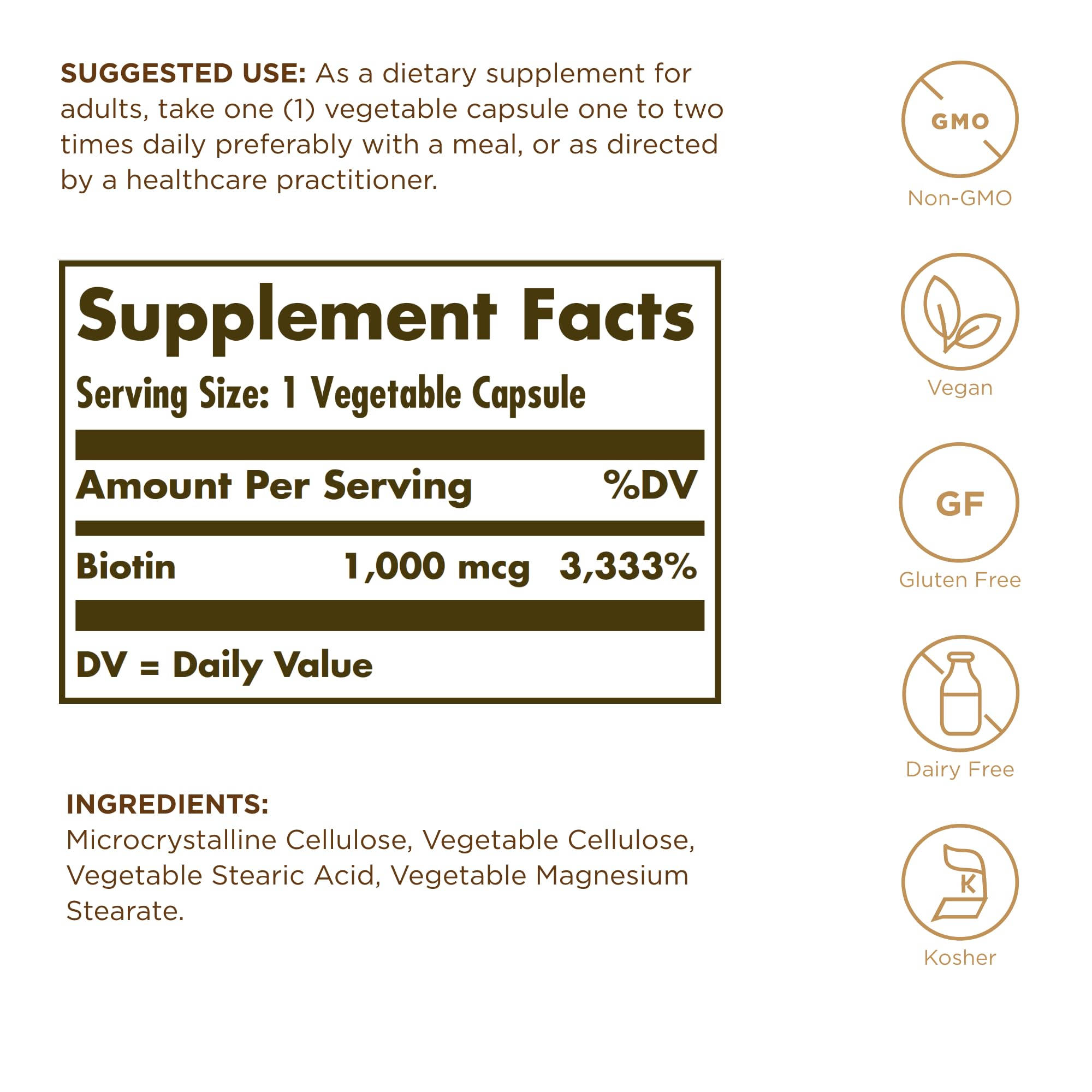 Solgar Biotina Potencia Mejorada, etiqueta de la botella, fórmula vegetariana y sin gluten.