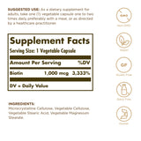 Solgar Biotina Potencia Mejorada, etiqueta de la botella, fórmula vegetariana y sin gluten.