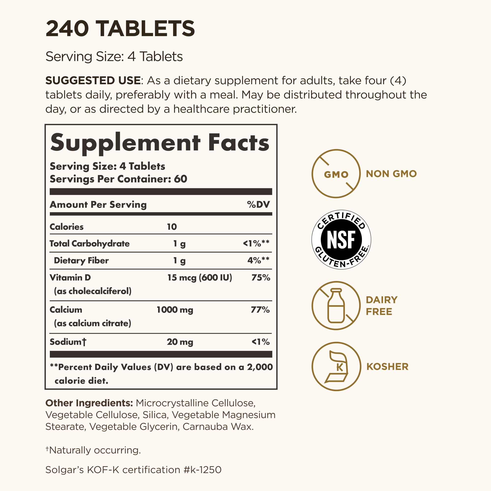 Solgar calcio citrato con vitamina D3 tabletas apoyo diario para dientes y huesos.