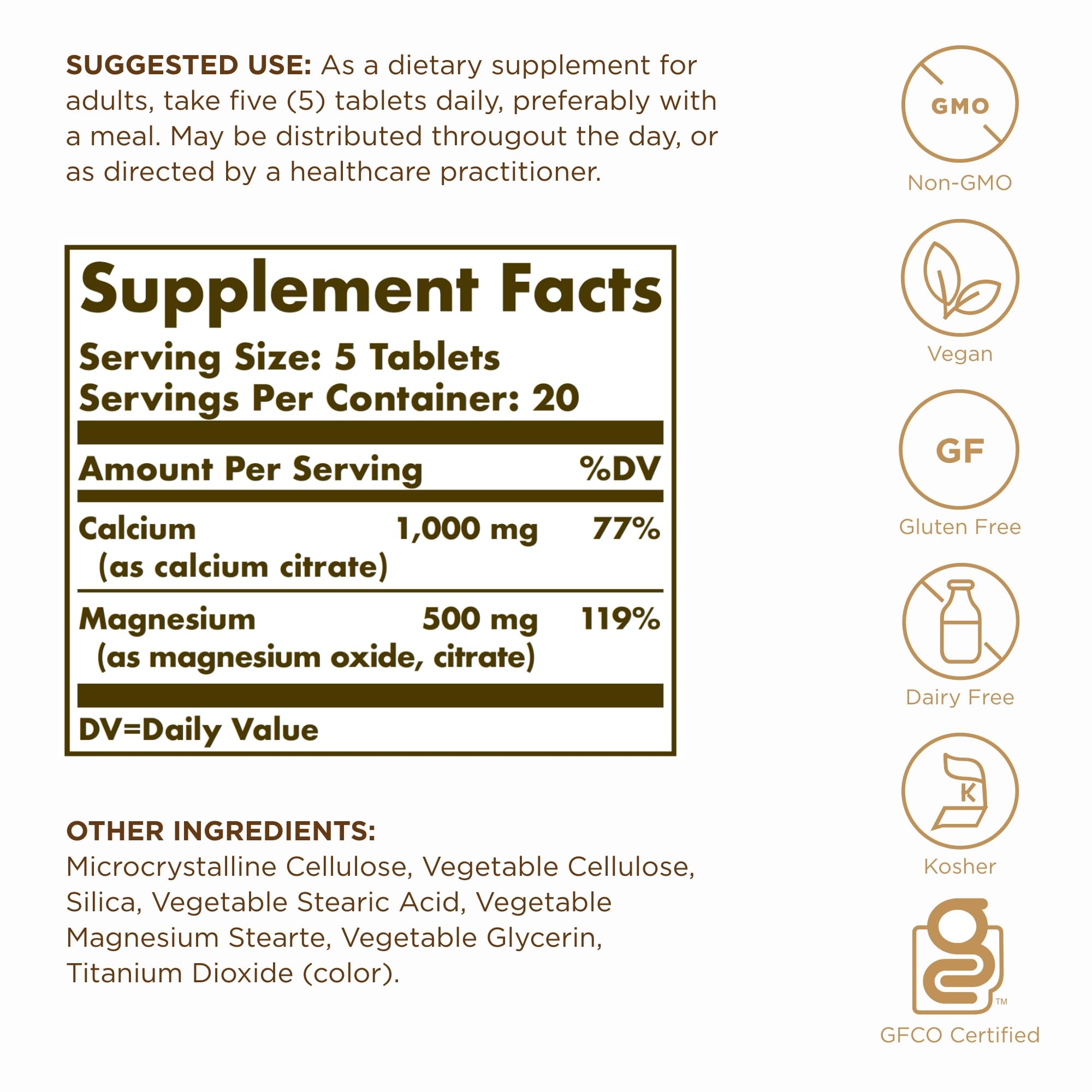 Solgar Calcium Magnesium Citrate, etiqueta, información clara para consumo consciente y seguro