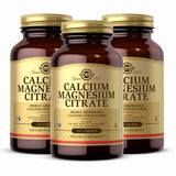 Solgar Calcium Magnesium Citrate, frontal de botella, apoyo diario para huesos y músculos