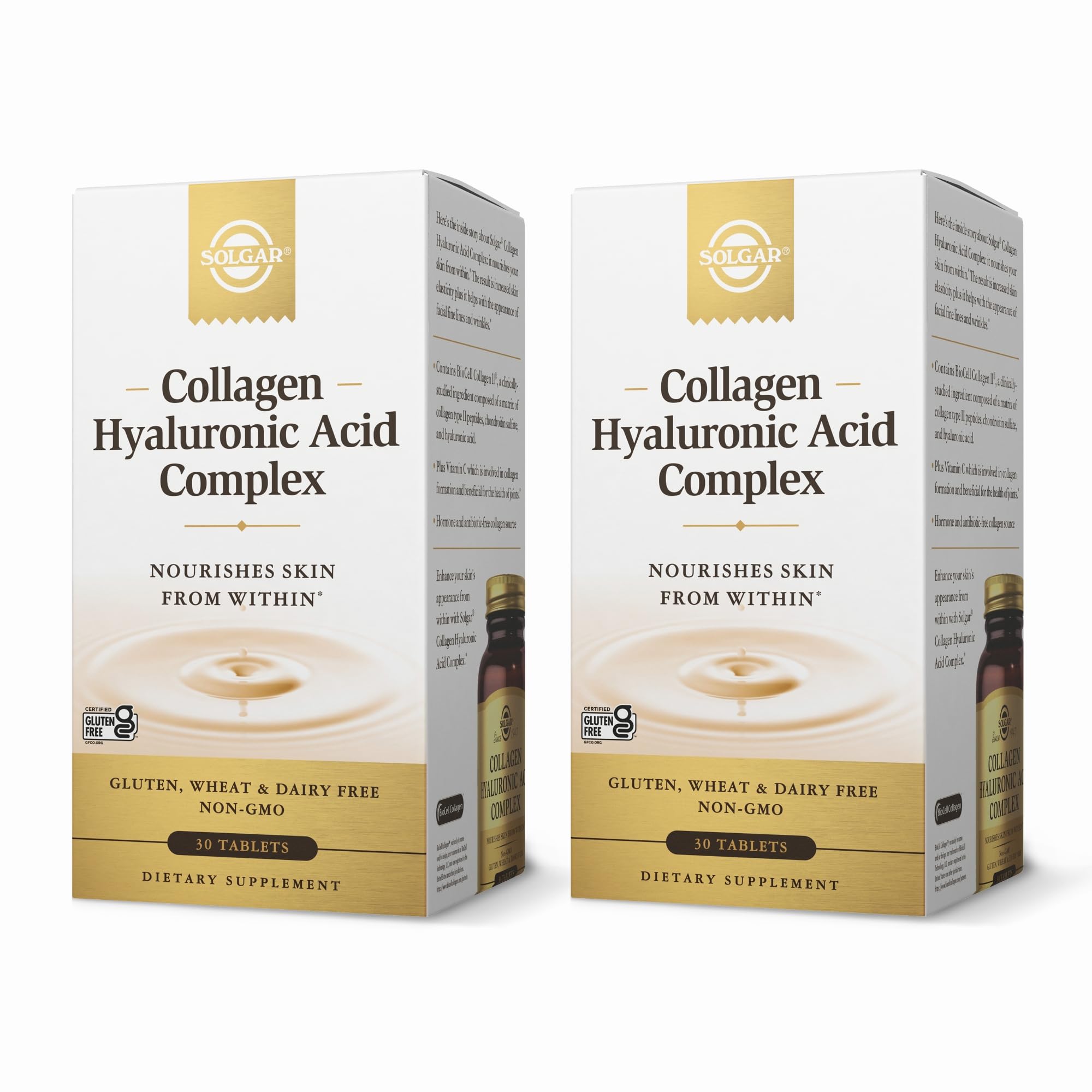 Solgar Collagen Hyaluronic Acid Complex, botella frontal, posible apoyo a hidratación de piel y articulaciones.