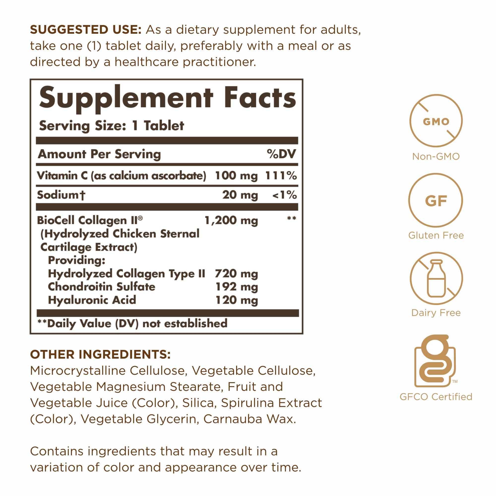 Solgar Collagen Hyaluronic Acid Complex, tabletas en frasco, comodidad para la ingesta diaria.