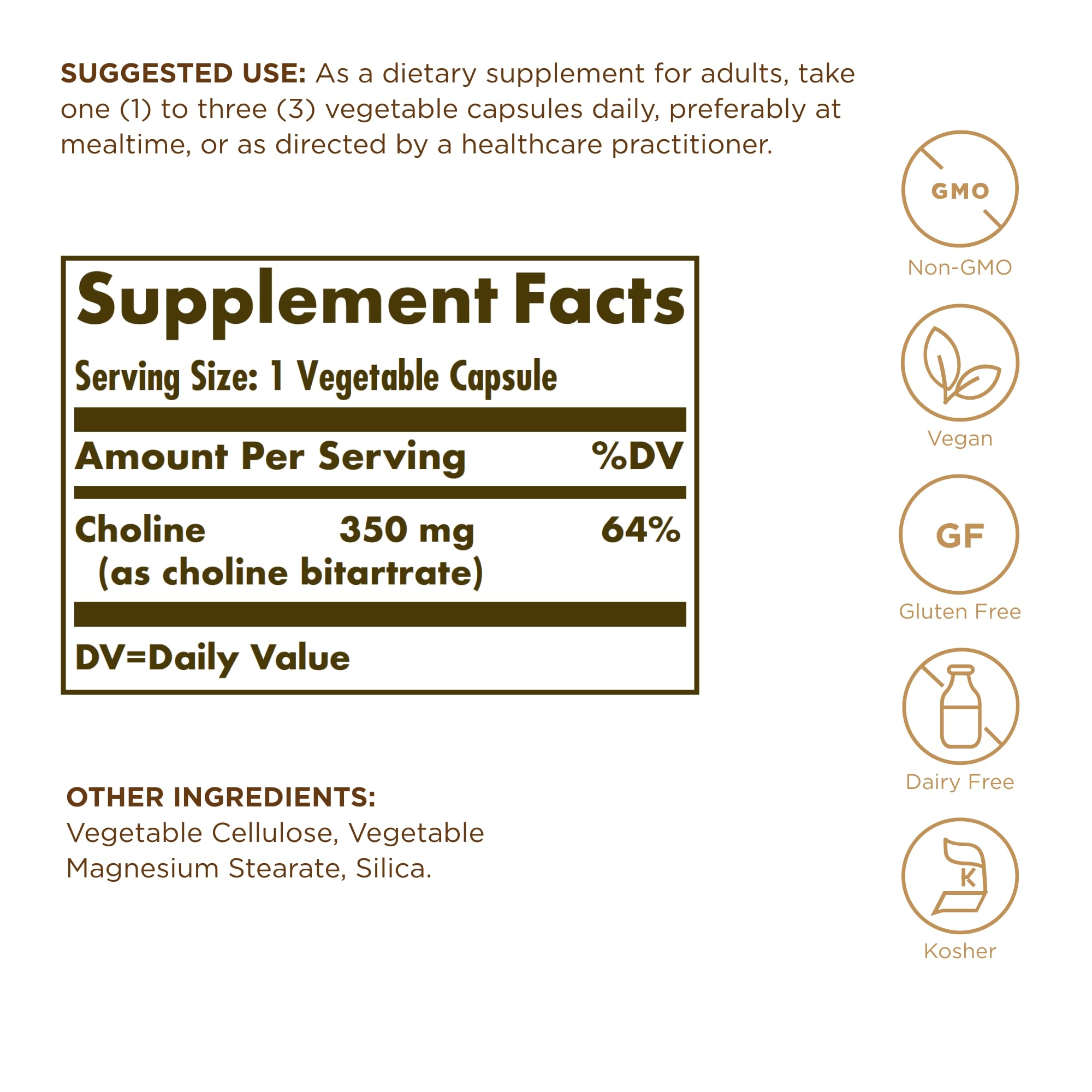 Solgar Colina 350 mg, etiqueta de ingredientes, fórmula sin gluten ni alérgenos