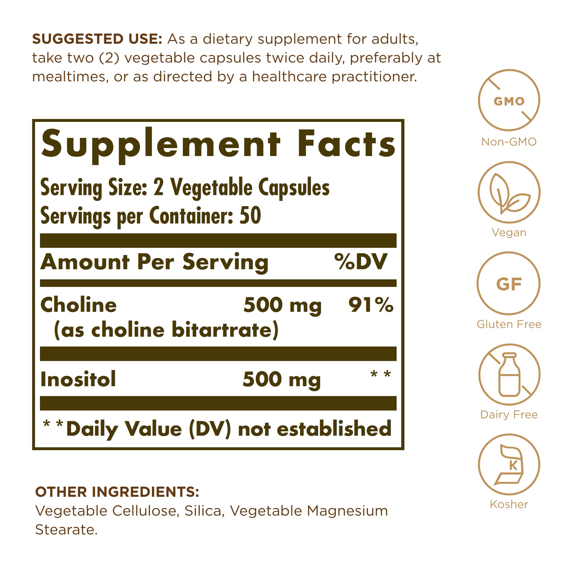 Solgar Colina/Inositol, etiqueta frontal, información sobre beneficios para hígado y cerebro.