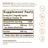 Solgar Colina/Inositol, etiqueta frontal, información sobre beneficios para hígado y cerebro.
