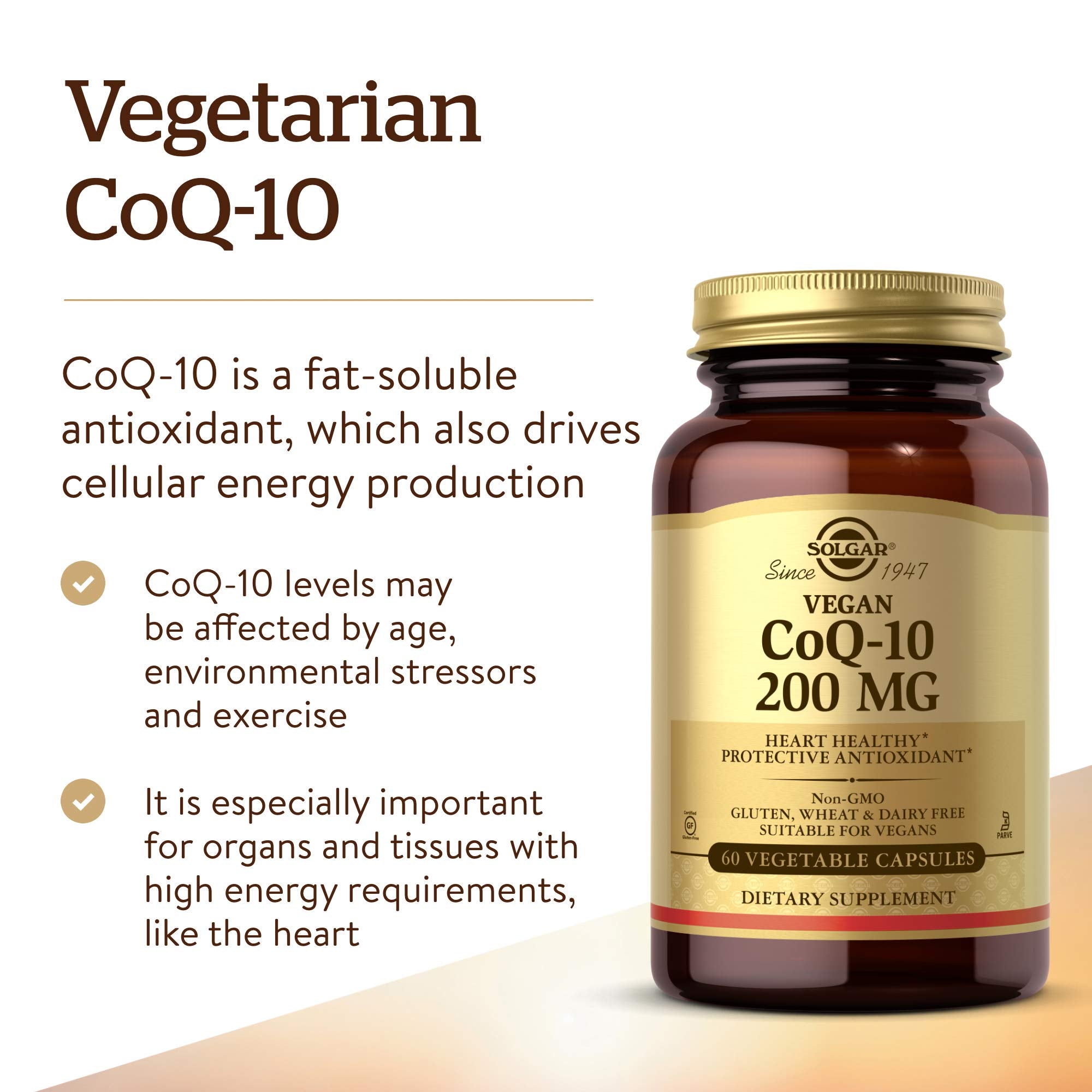 Solgar CoQ-10 200 mg cápsulas vegetales closeup, opción vegana para bienestar sostenido.
