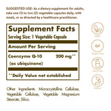 Solgar CoQ-10 200 mg, etiqueta frontal de botella, ideal para energía diaria.