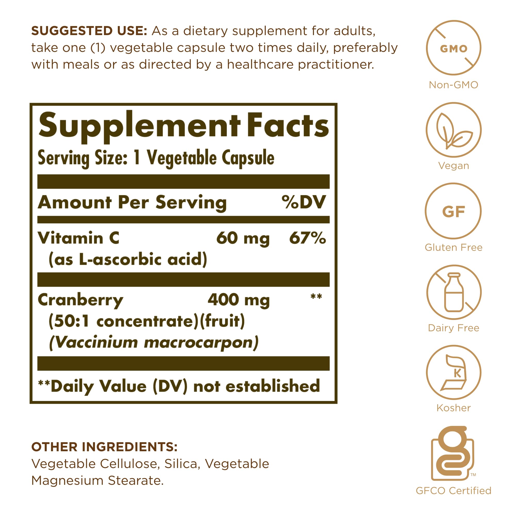 Solgar Cranberry con Vitamina C, etiqueta detalle muestra concentrado de arándano natural