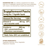 Solgar Cranberry con Vitamina C, etiqueta detalle muestra concentrado de arándano natural