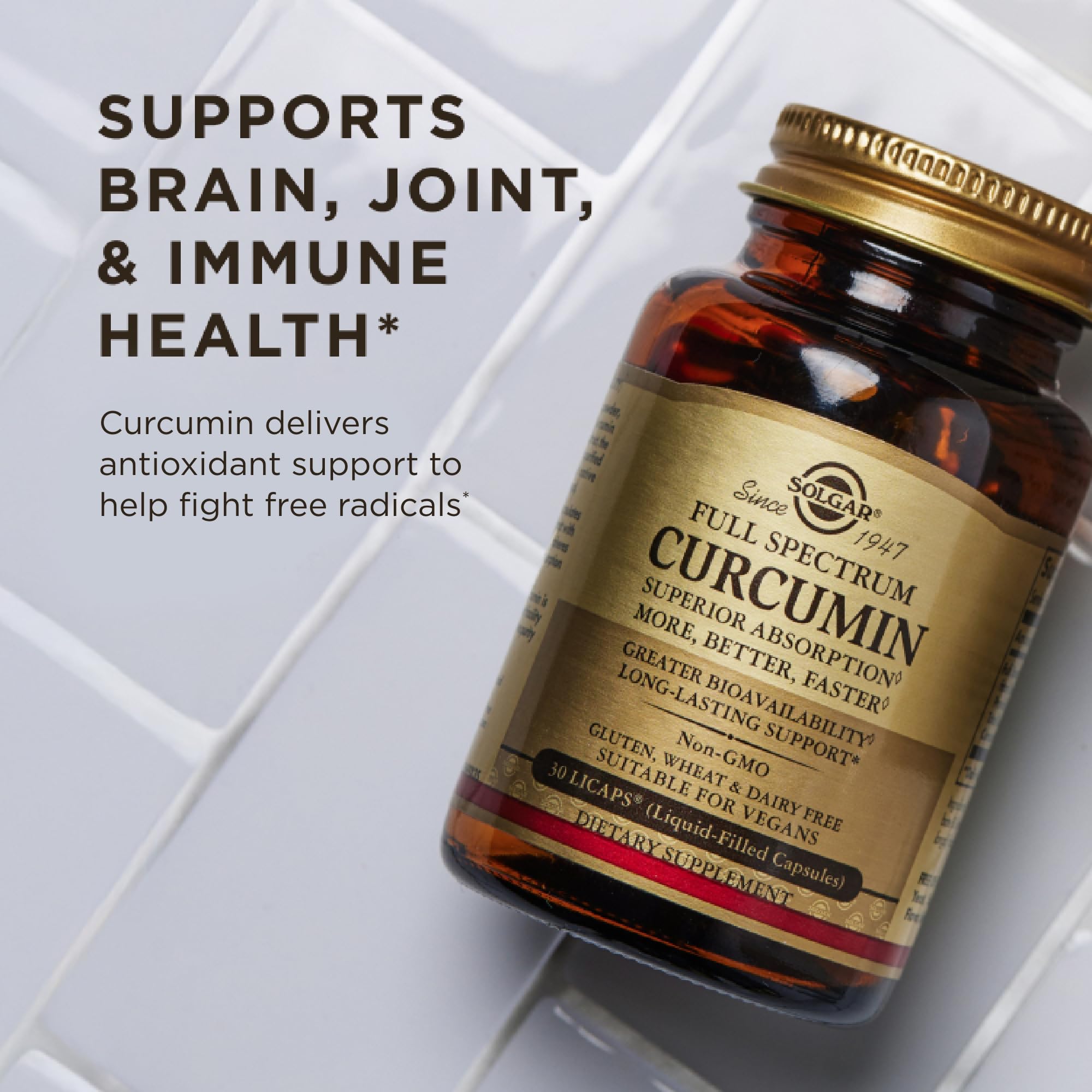 Solgar Curcumina Espectro Completo, libre de gluten y OGMs, apto para dietas.