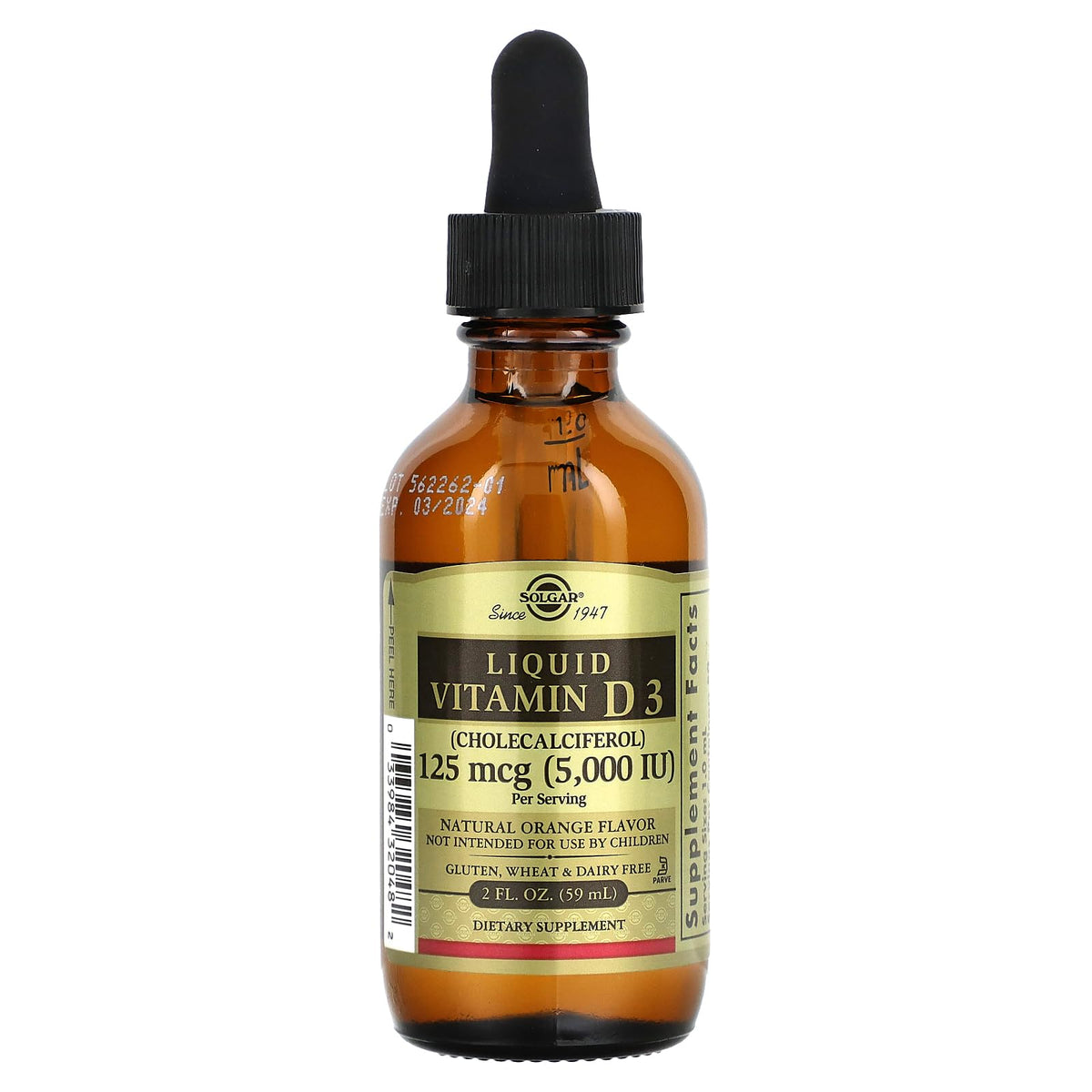 Solgar D3 líquido sabor naranja, frasco de 2 oz para huesos sanos.