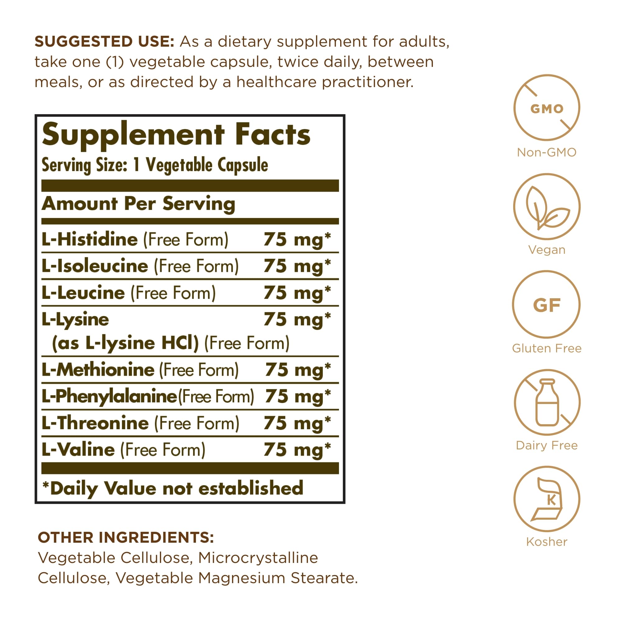 Solgar Esencial Amino Complex etiqueta muestra ingredientes y formato libre.