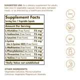 Solgar Esencial Amino Complex etiqueta muestra ingredientes y formato libre.