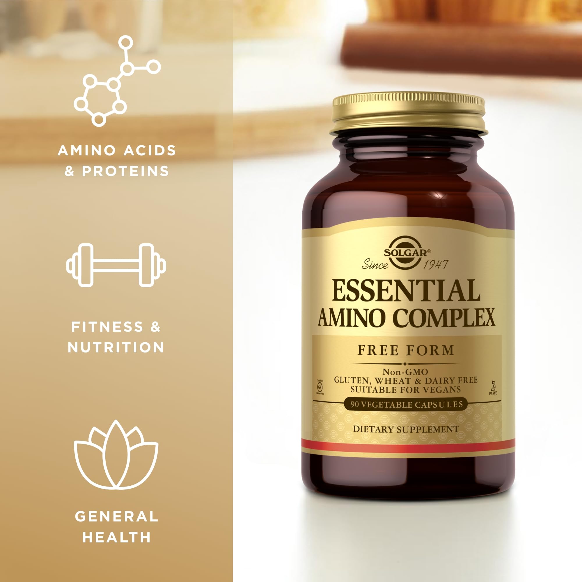 Solgar Esencial Amino Complex sin OGM y gluten, apto para dietas.