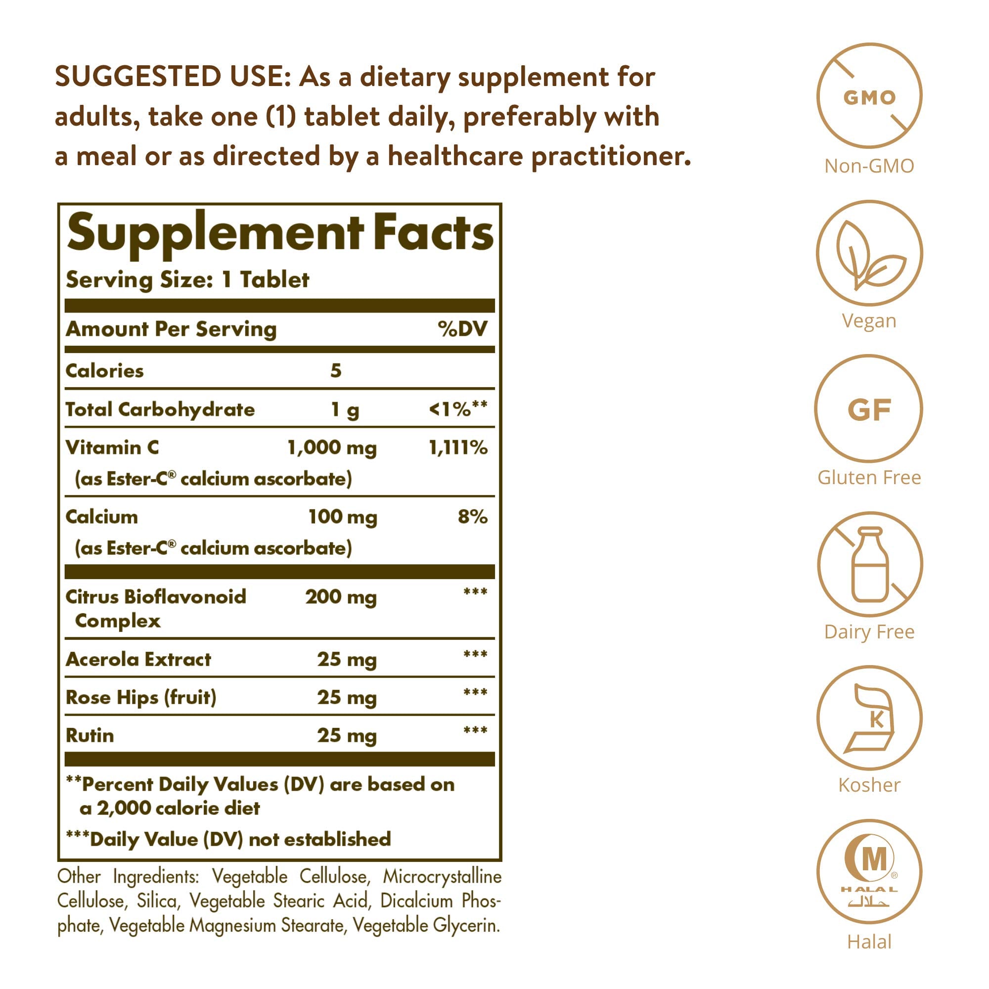 Solgar Ester-C Plus 1000 mg, etiqueta clara para dosis diaria.