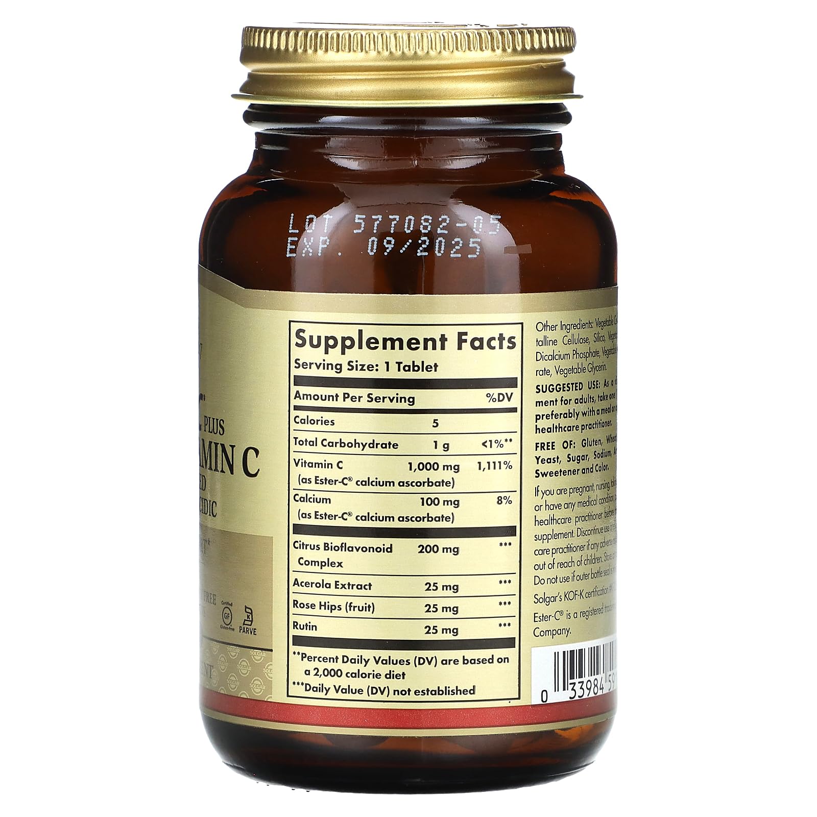 Solgar Ester-C Plus 1000 mg, tabletas en blíster para dosificación conveniente.