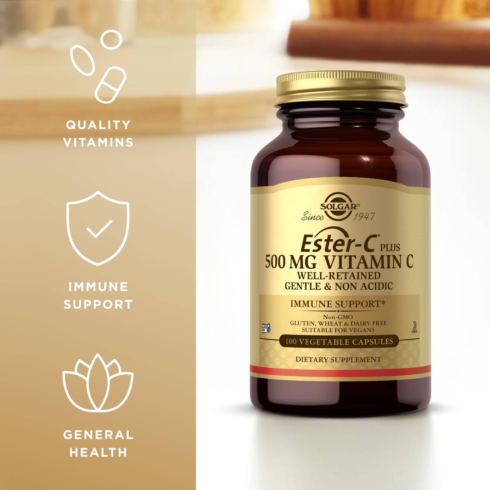 Solgar Ester-C Plus ingredientes: bioflavonoides, acerola y rosa mosqueta
