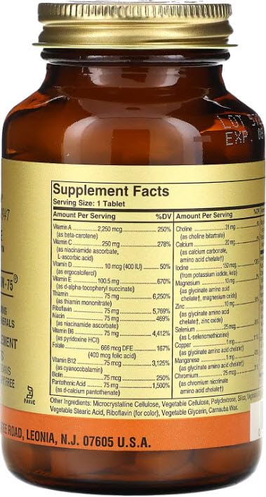 Solgar VM-75, etiqueta clara con listado de nutrientes para consulta rápida.