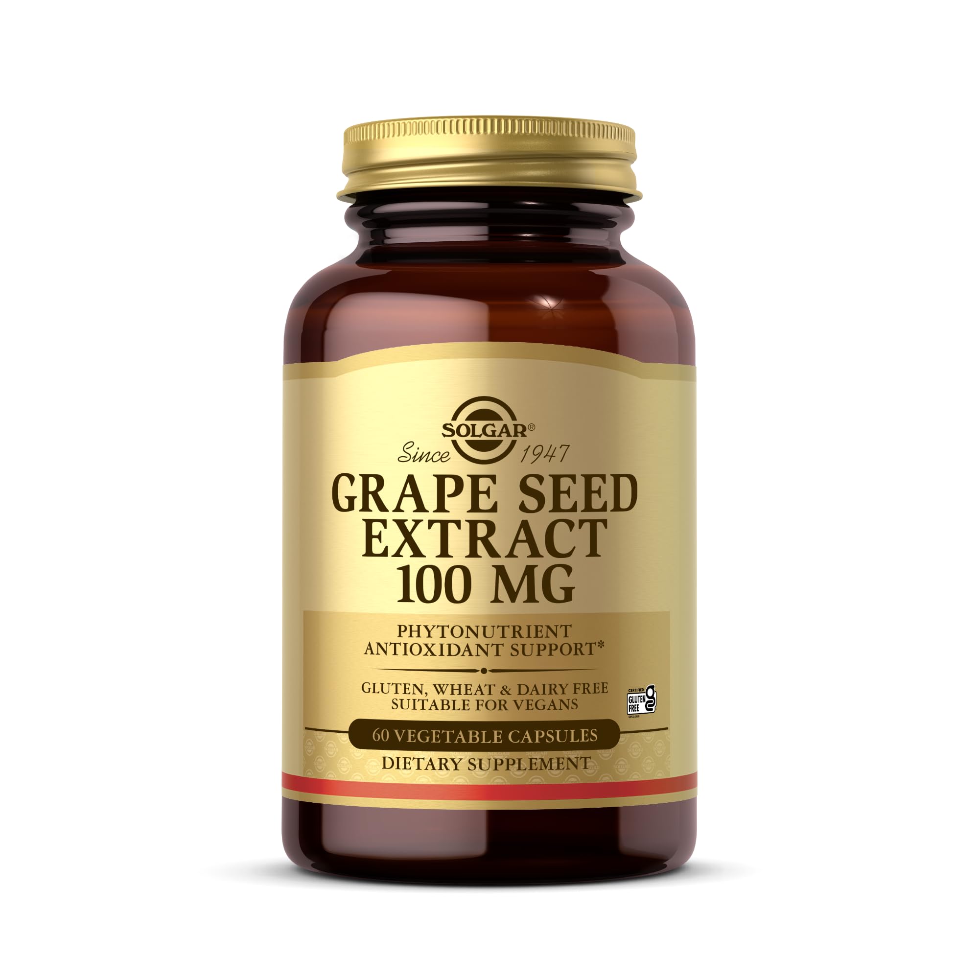 Solgar Extracto de Semilla de Uva: botella de cápsulas, posible apoyo antioxidante diario.