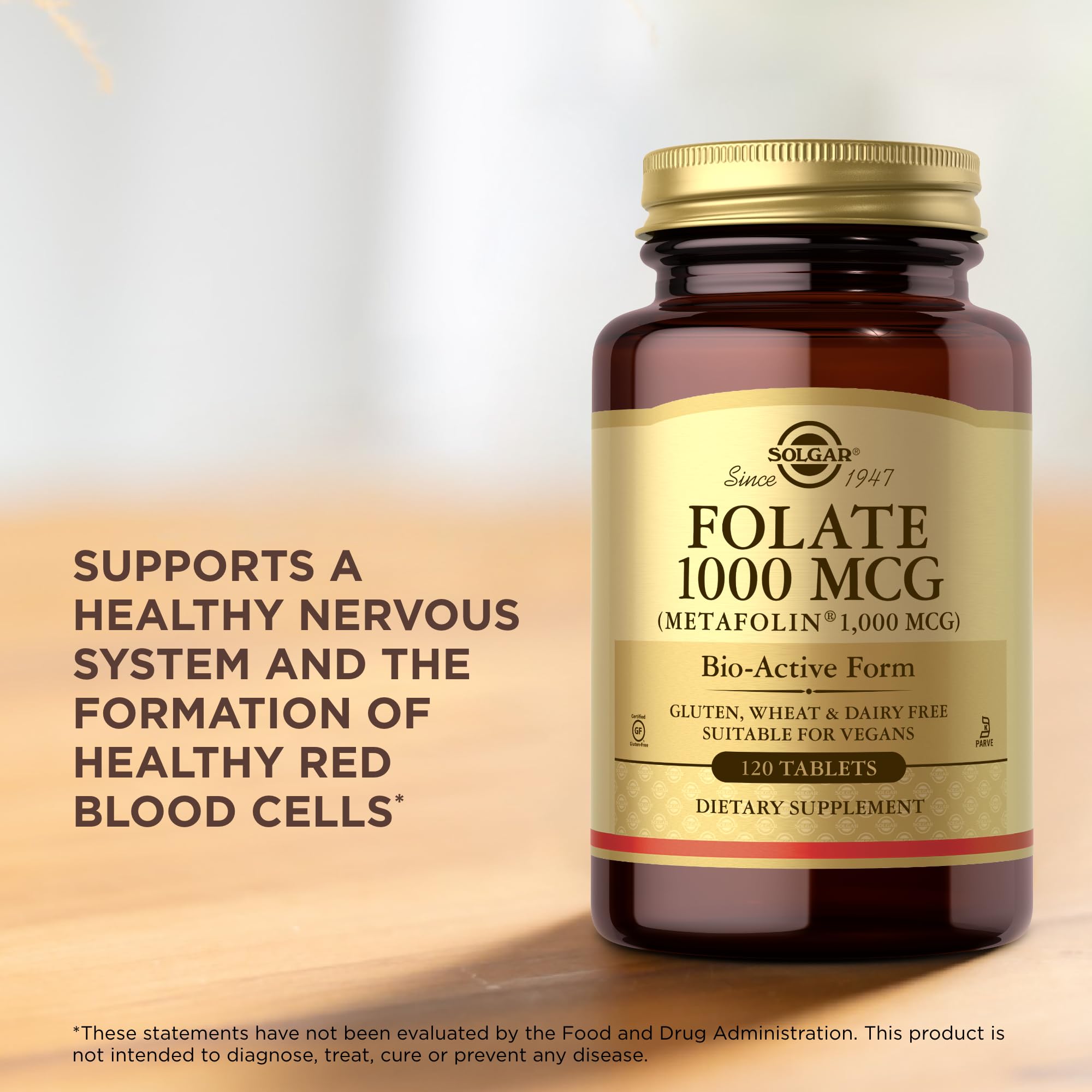 Metafolin bioactivo, forma activa de folato en Solgar Folato 1000 mcg