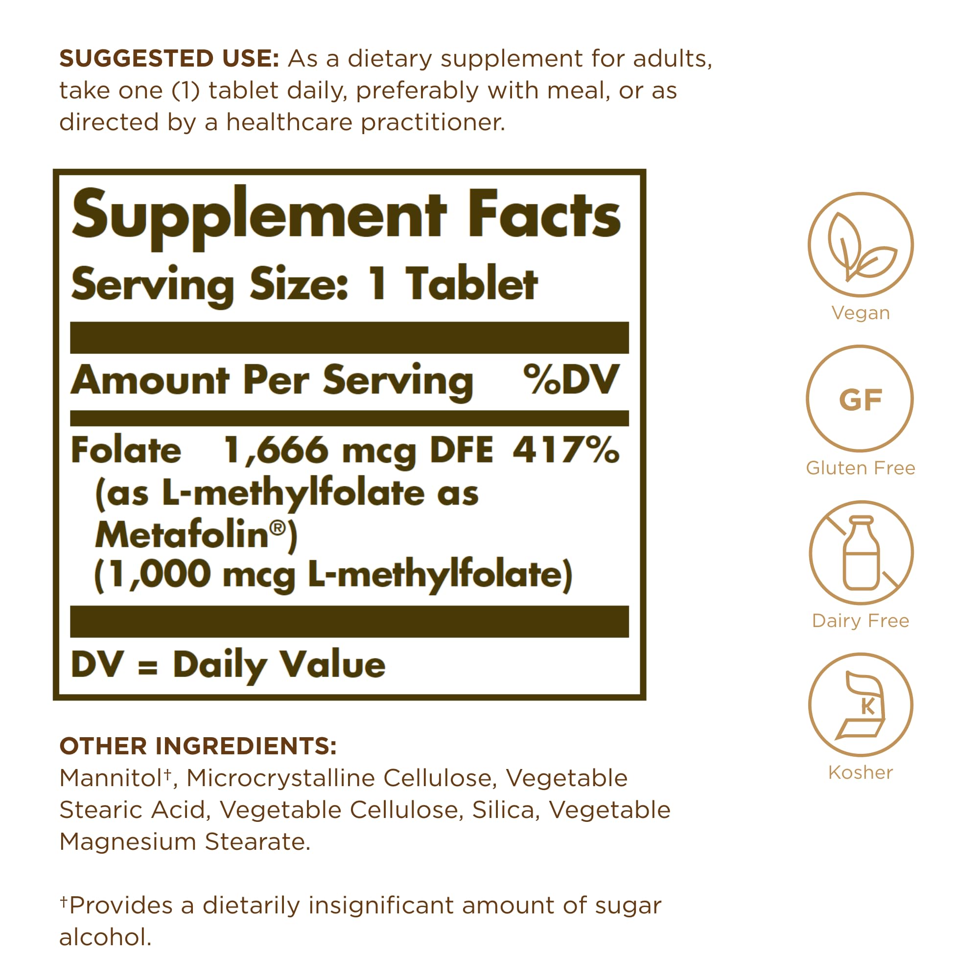 Solgar Folato Metafolin 1000 mg, etiqueta frontal que destaca su forma bioactiva.