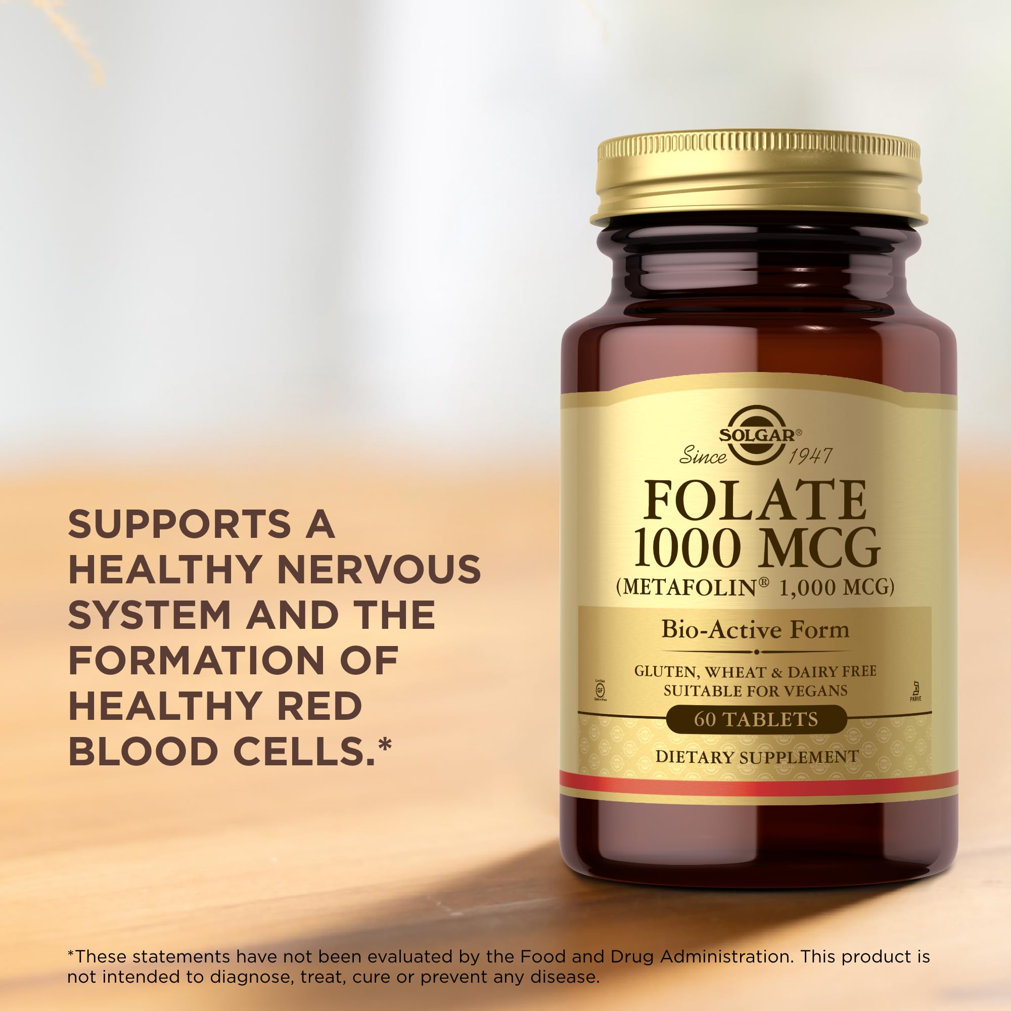 Solgar Folato Metafolin 1000 mg, ingredientes y perfil vegano para confianza.
