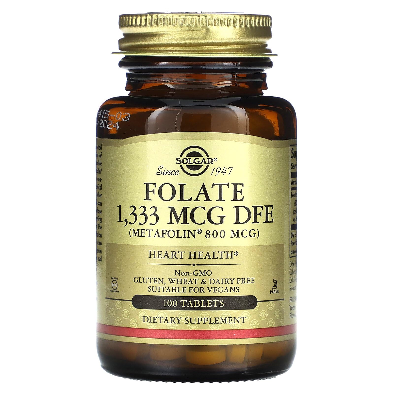 Solgar Folato Metafolin: etiqueta libre de transgénicos y gluten.