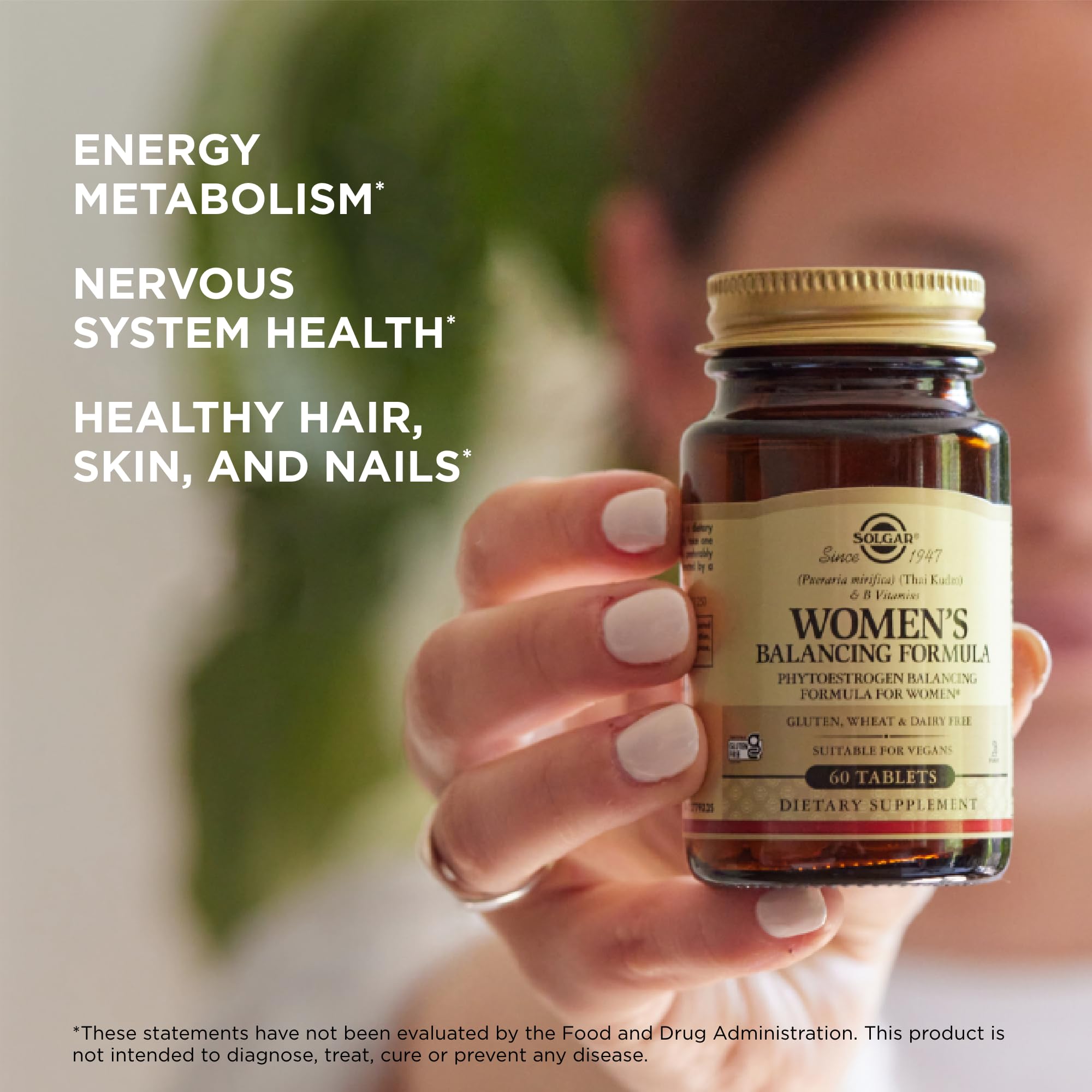 Solgar Fórmula Equilibrante para Mujeres, certificaciones vegana y kosher visibles.
