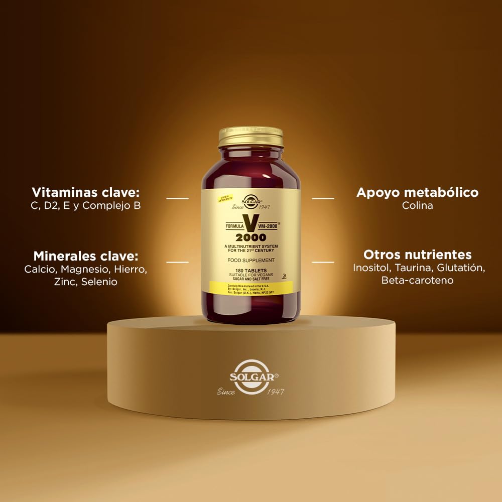 Solgar VM-2000: dos tabletas diarias ofrecen 32 nutrientes clave.