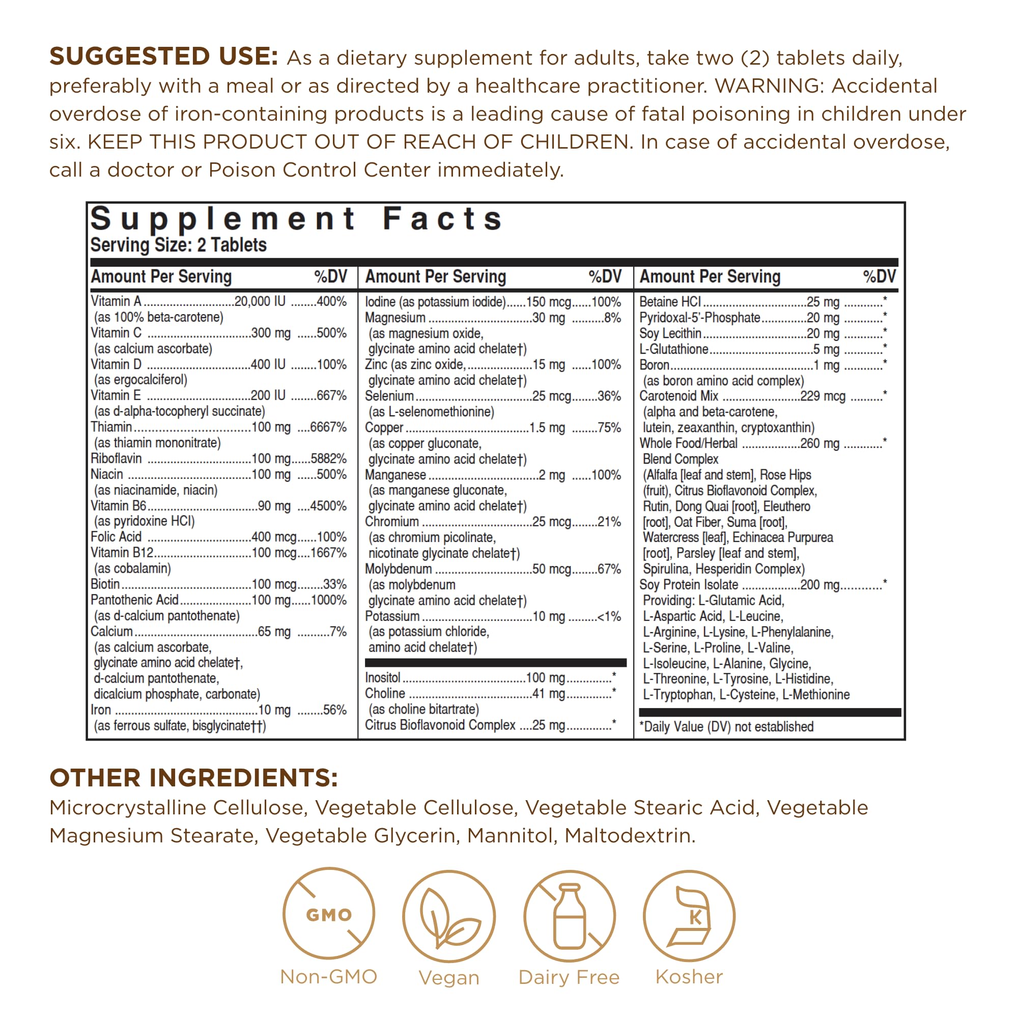 Solgar Formula VM 2000 en etiqueta, información clara de ingredientes.