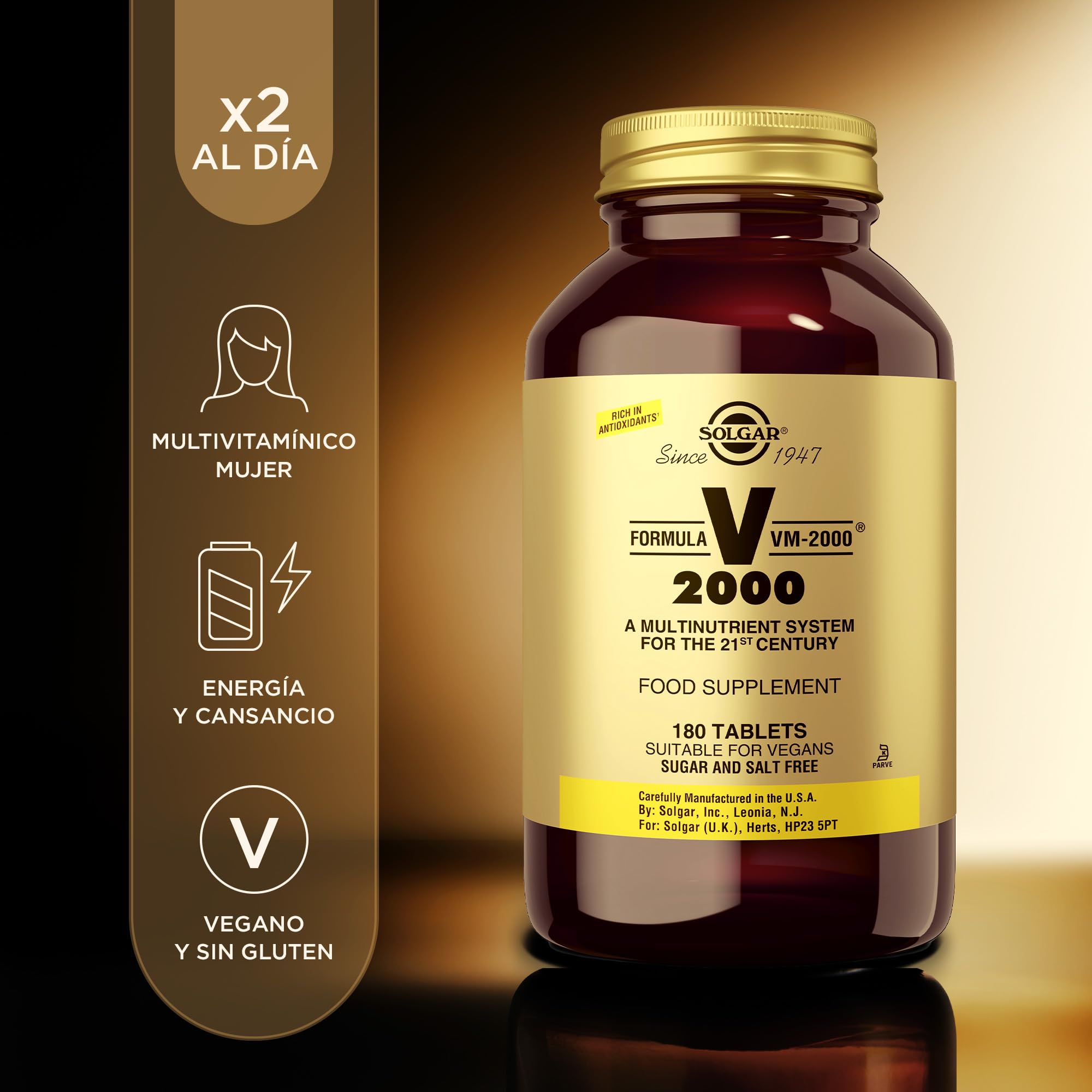 Solgar VM-2000: etiqueta de ingredientes que destaca antioxidantes y zinc.